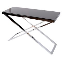 Elegant Contemporary Chrome and Black Glass Top Console with Cross Base