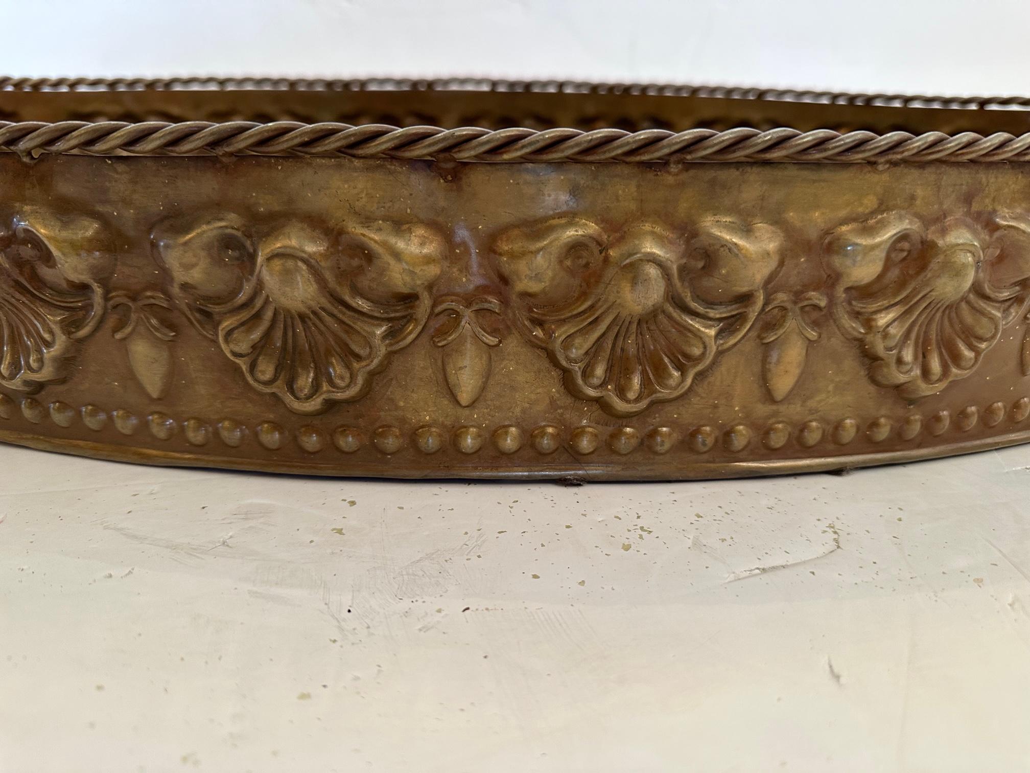 Italian Elegant Continental Antique Oval Brass Gallery Tray For Sale
