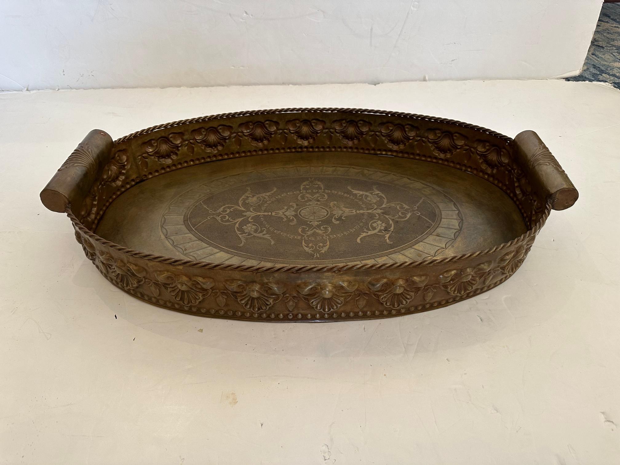 Mid-20th Century Elegant Continental Antique Oval Brass Gallery Tray For Sale