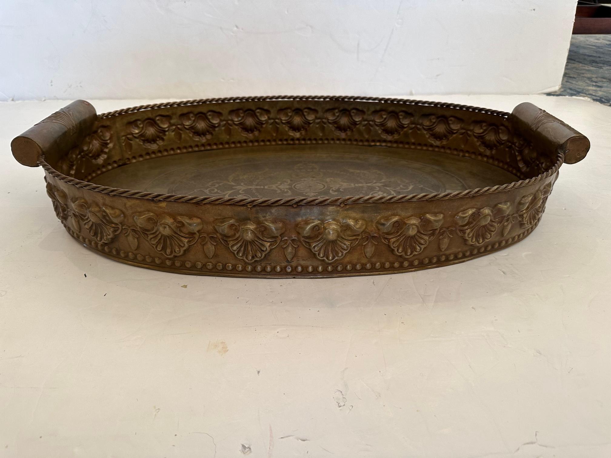 Elegant Continental Antique Oval Brass Gallery Tray For Sale 2
