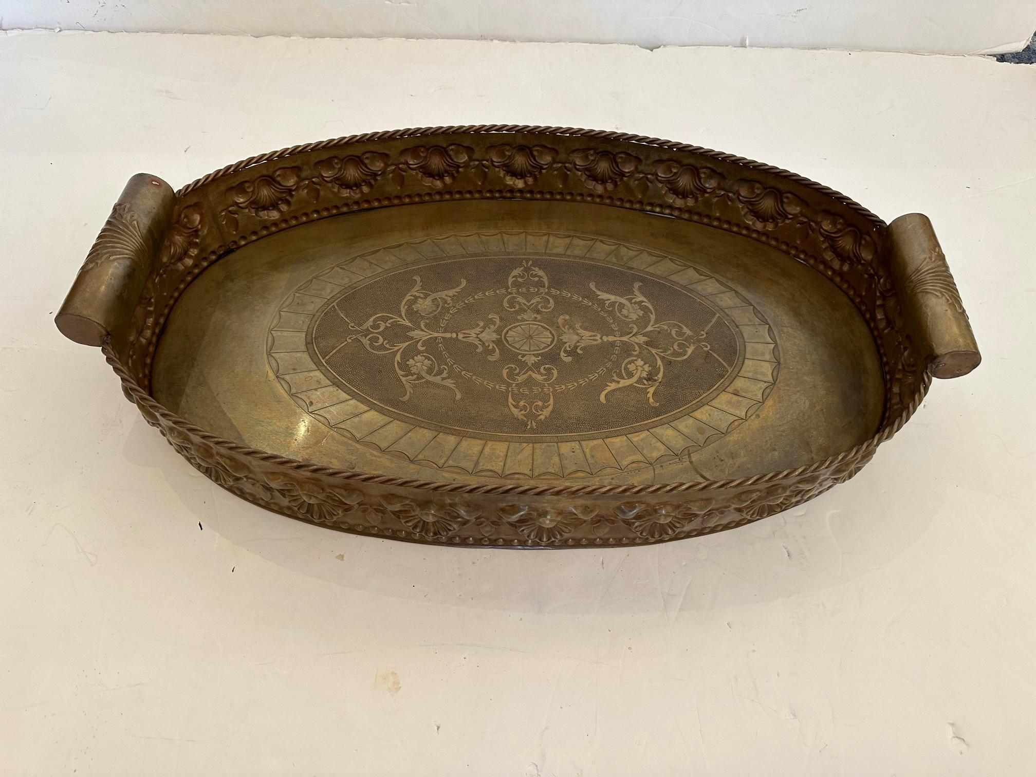 Elegant Continental Antique Oval Brass Gallery Tray For Sale 3