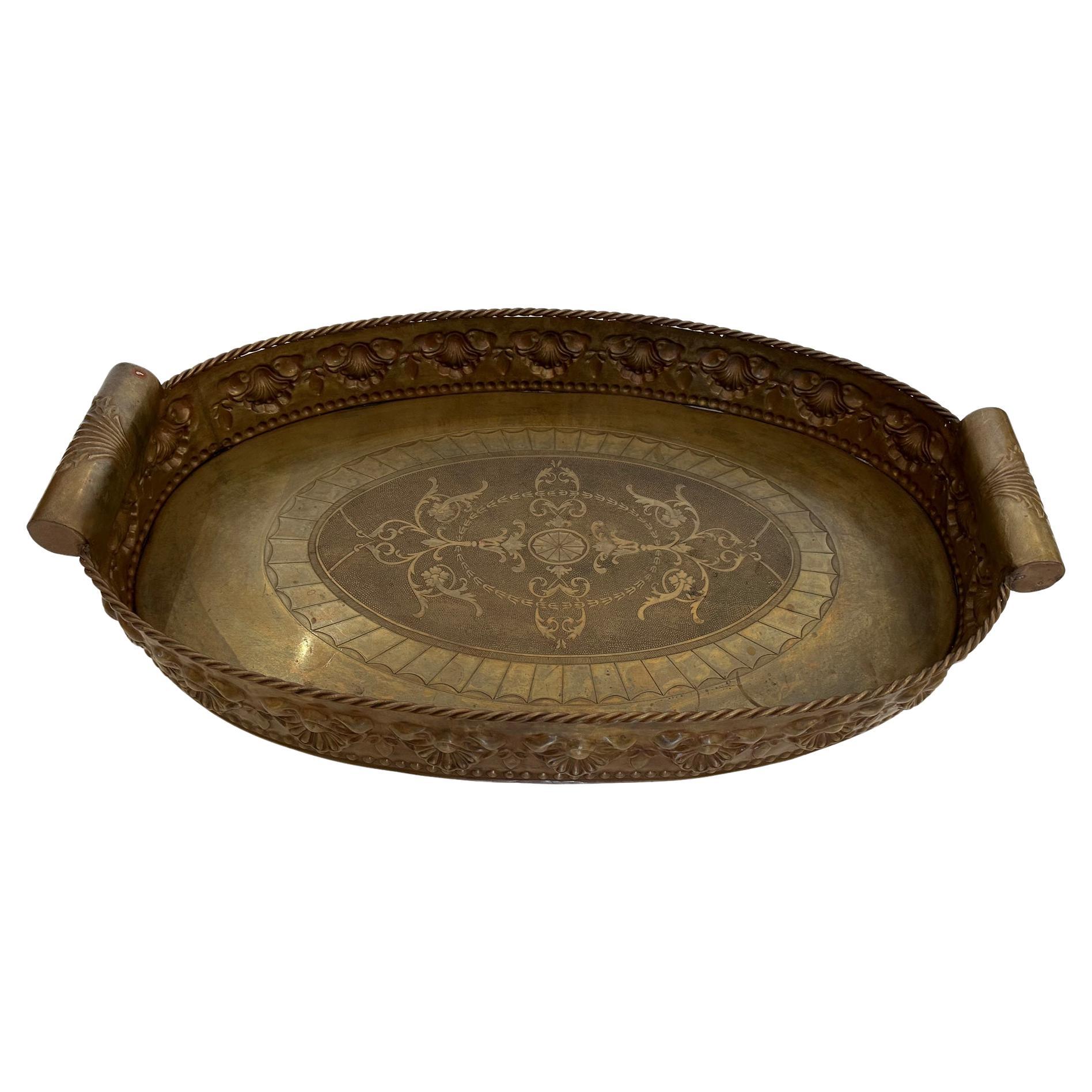 Elegant Continental Antique Oval Brass Gallery Tray For Sale