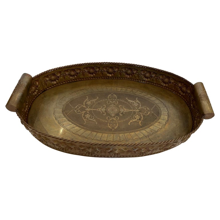 Elegant Continental Antique Oval Brass Gallery Tray For Sale at