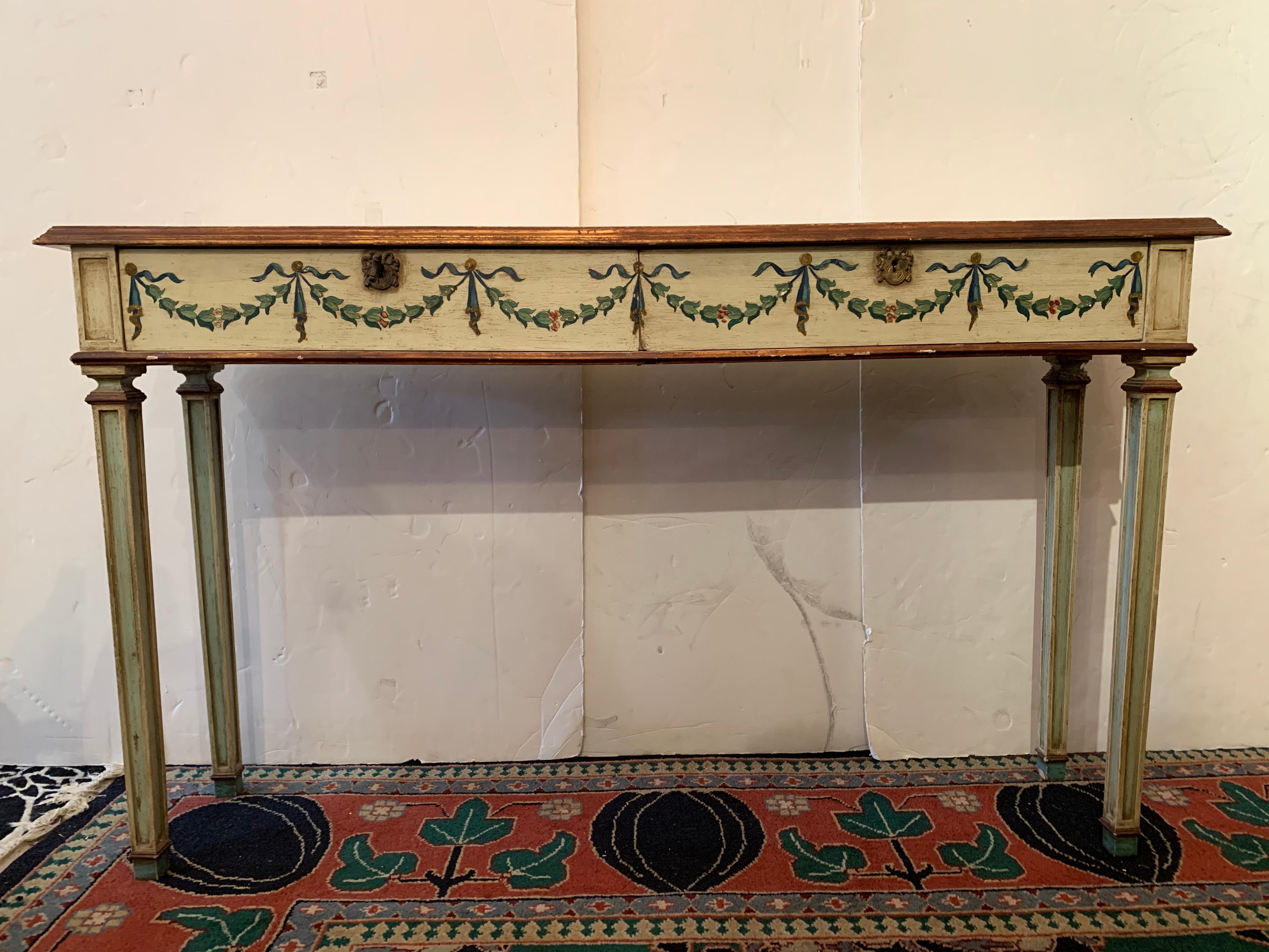 Hand-Painted Elegant Continental Neoclassical Painted Console Table with Two Drawers