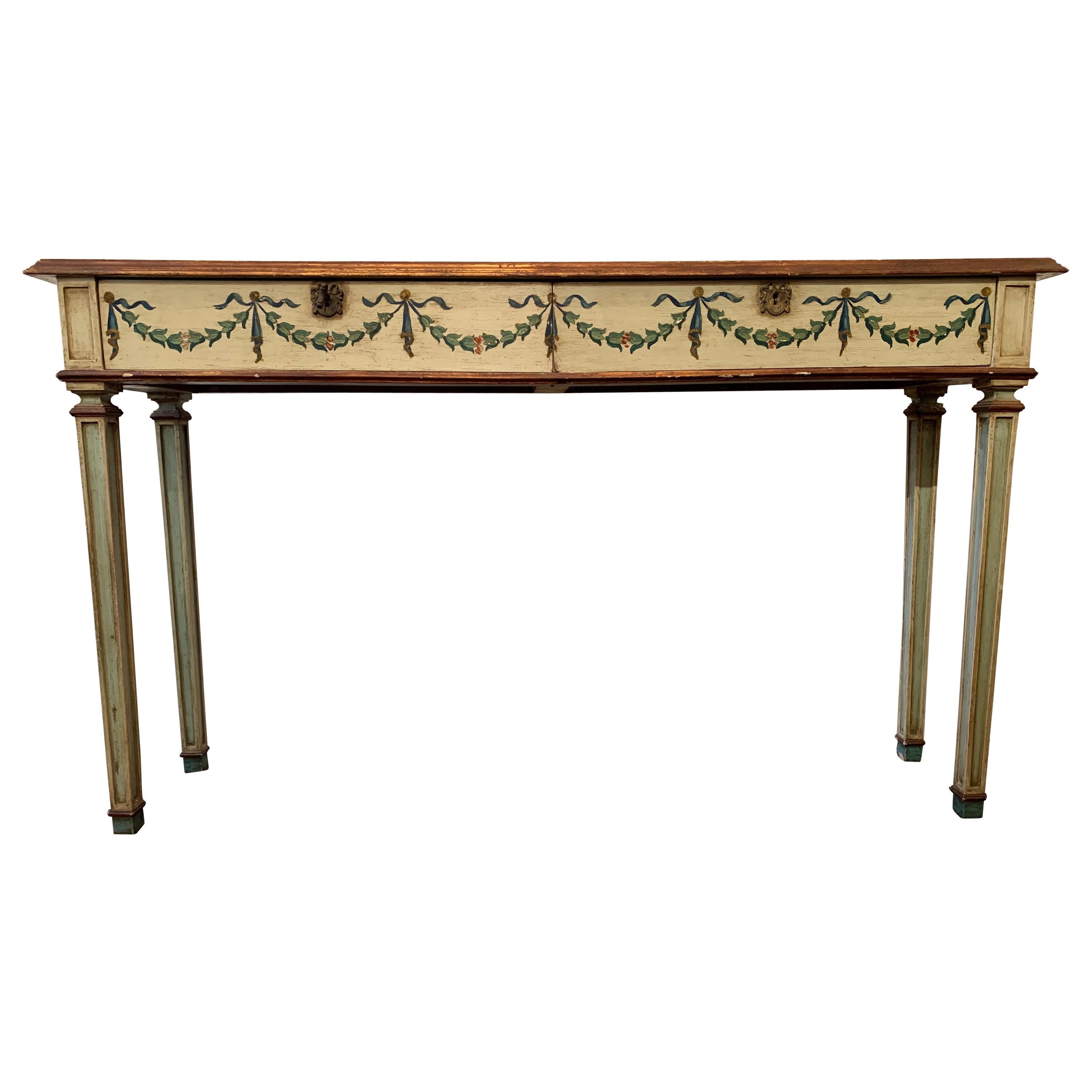 Elegant Continental Neoclassical Painted Console Table with Two Drawers