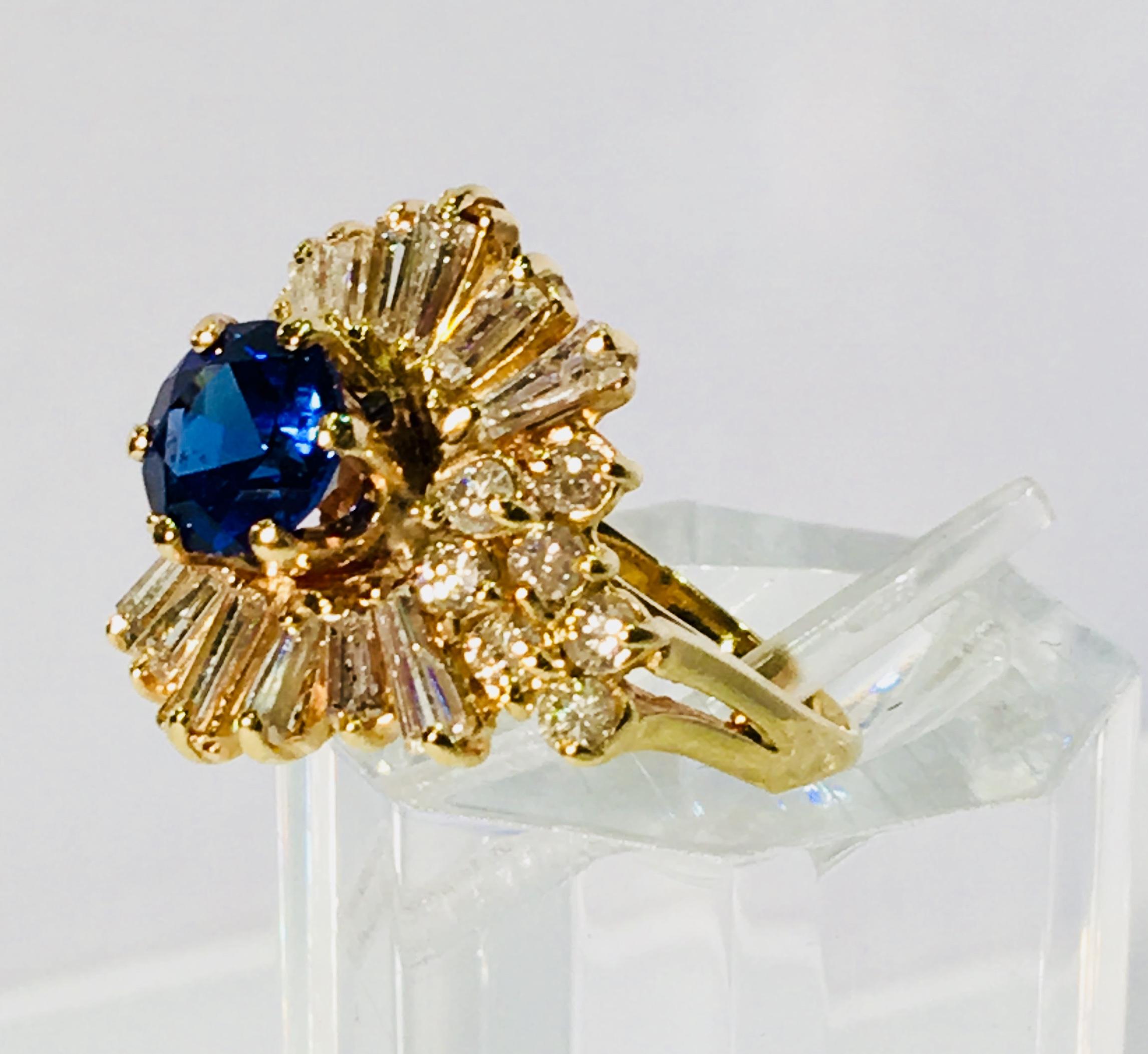 Elegant Cornflower Blue Sapphire Diamond Baguette Ballerina Yellow Gold Ring 2