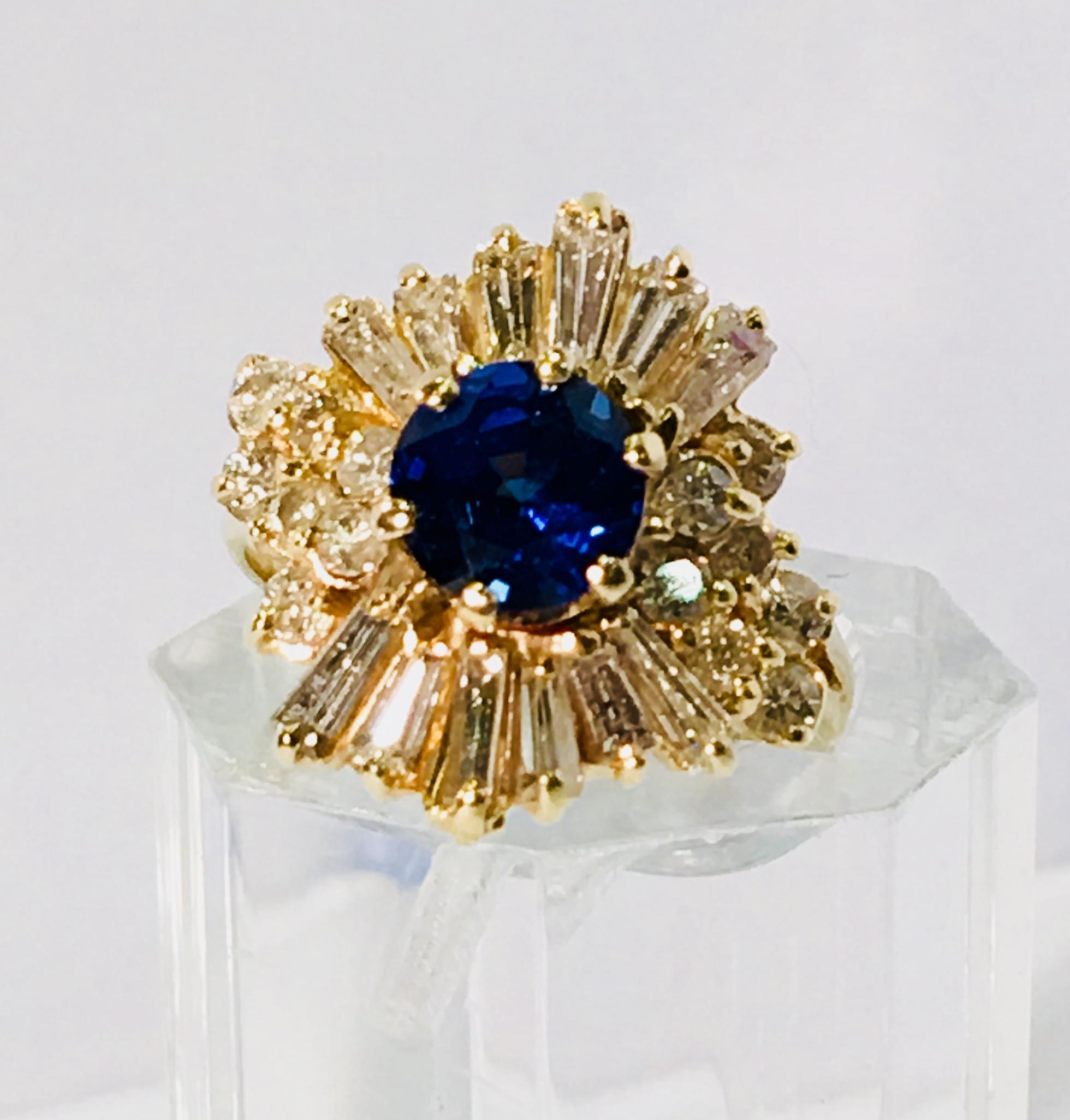 Elegant Cornflower Blue Sapphire Diamond Baguette Ballerina Yellow Gold Ring 3