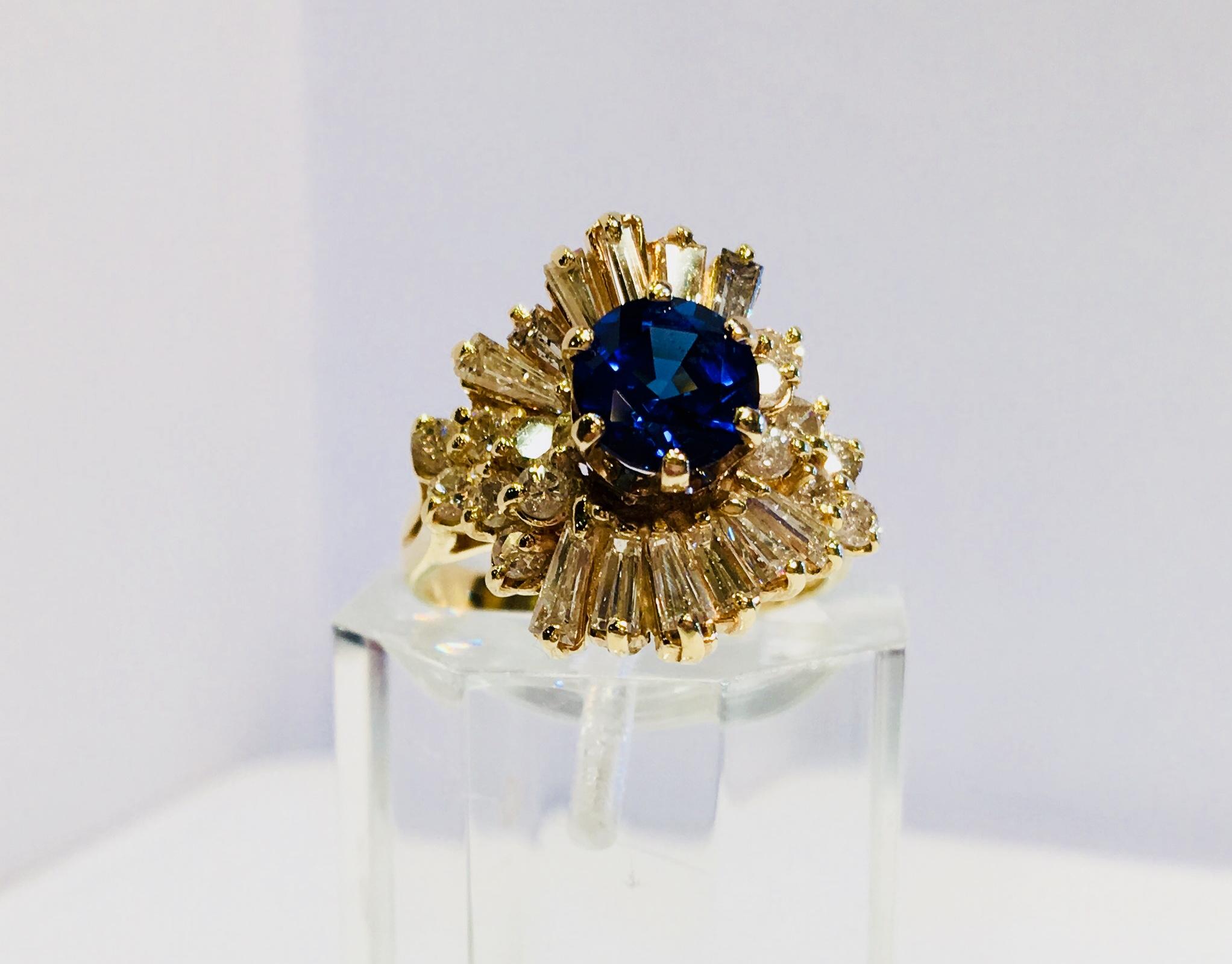 Elegant Cornflower Blue Sapphire Diamond Baguette Ballerina Yellow Gold Ring 4