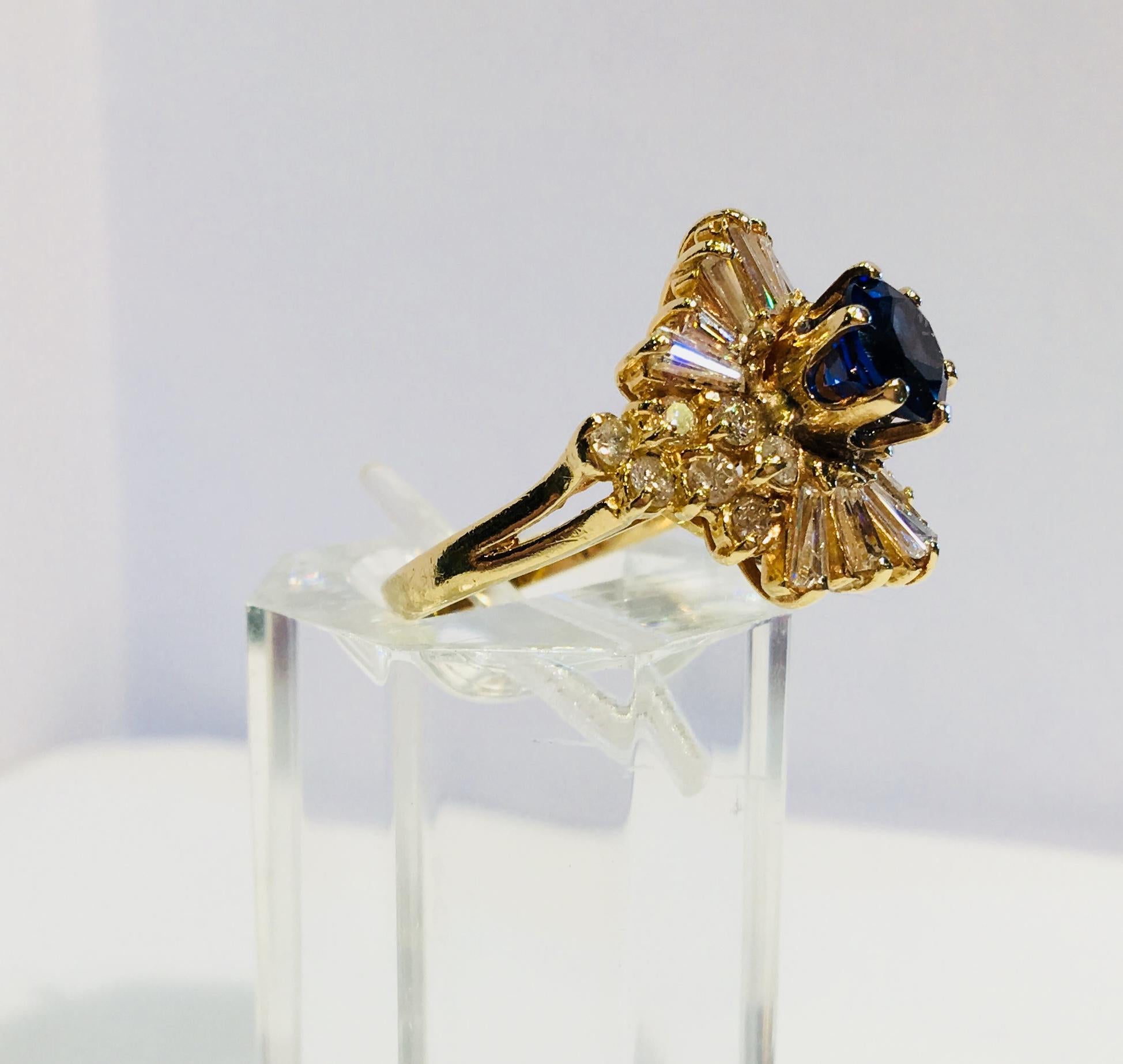 Elegant Cornflower Blue Sapphire Diamond Baguette Ballerina Yellow Gold Ring 5