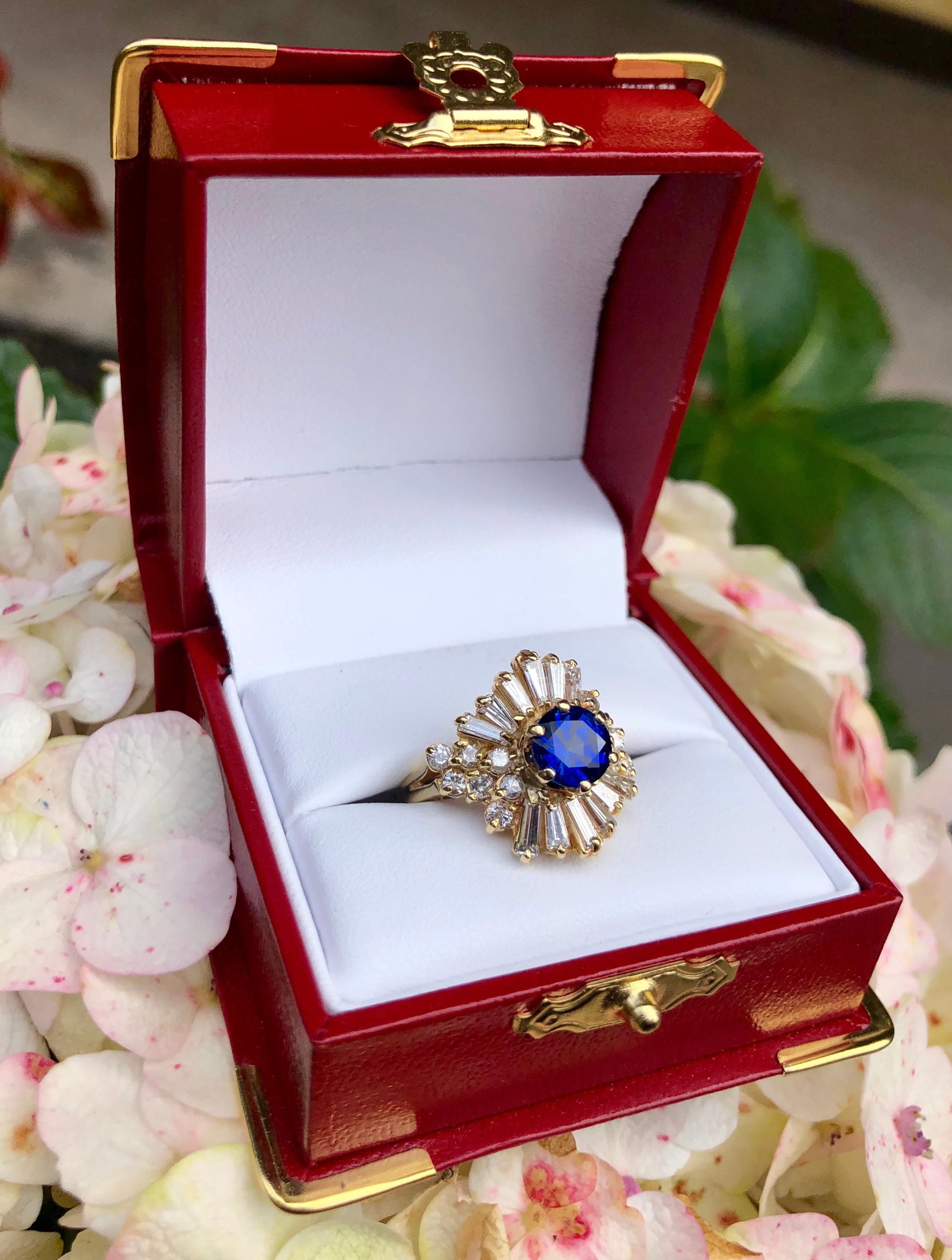 Round Cut Elegant Cornflower Blue Sapphire Diamond Baguette Ballerina Yellow Gold Ring