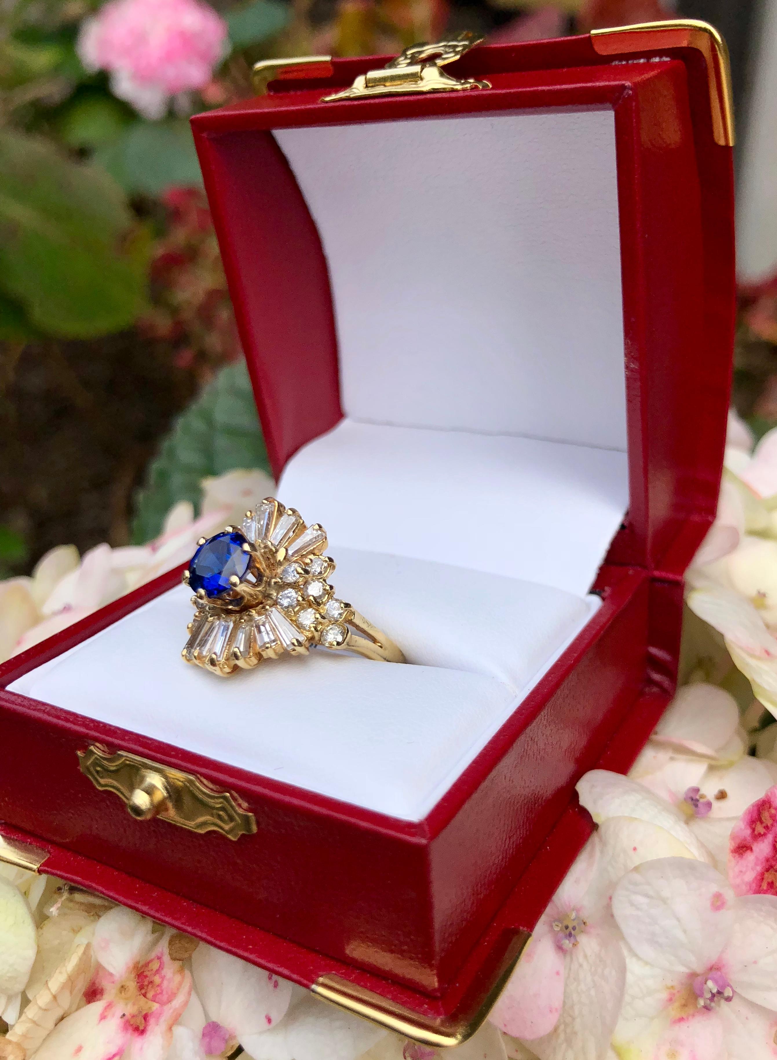 Women's Elegant Cornflower Blue Sapphire Diamond Baguette Ballerina Yellow Gold Ring