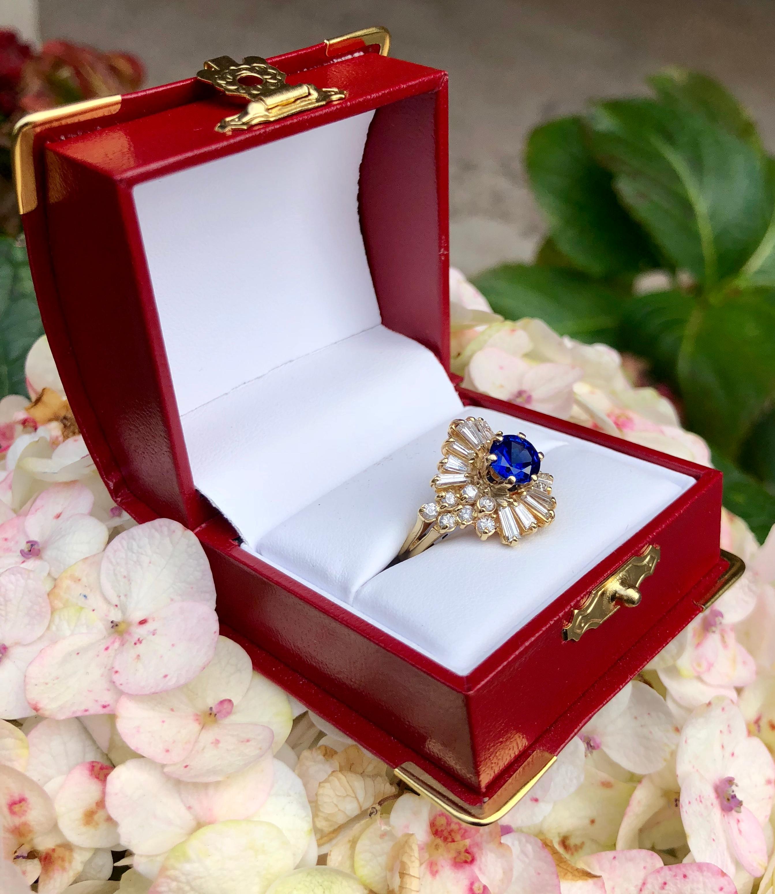 Elegant Cornflower Blue Sapphire Diamond Baguette Ballerina Yellow Gold Ring 1