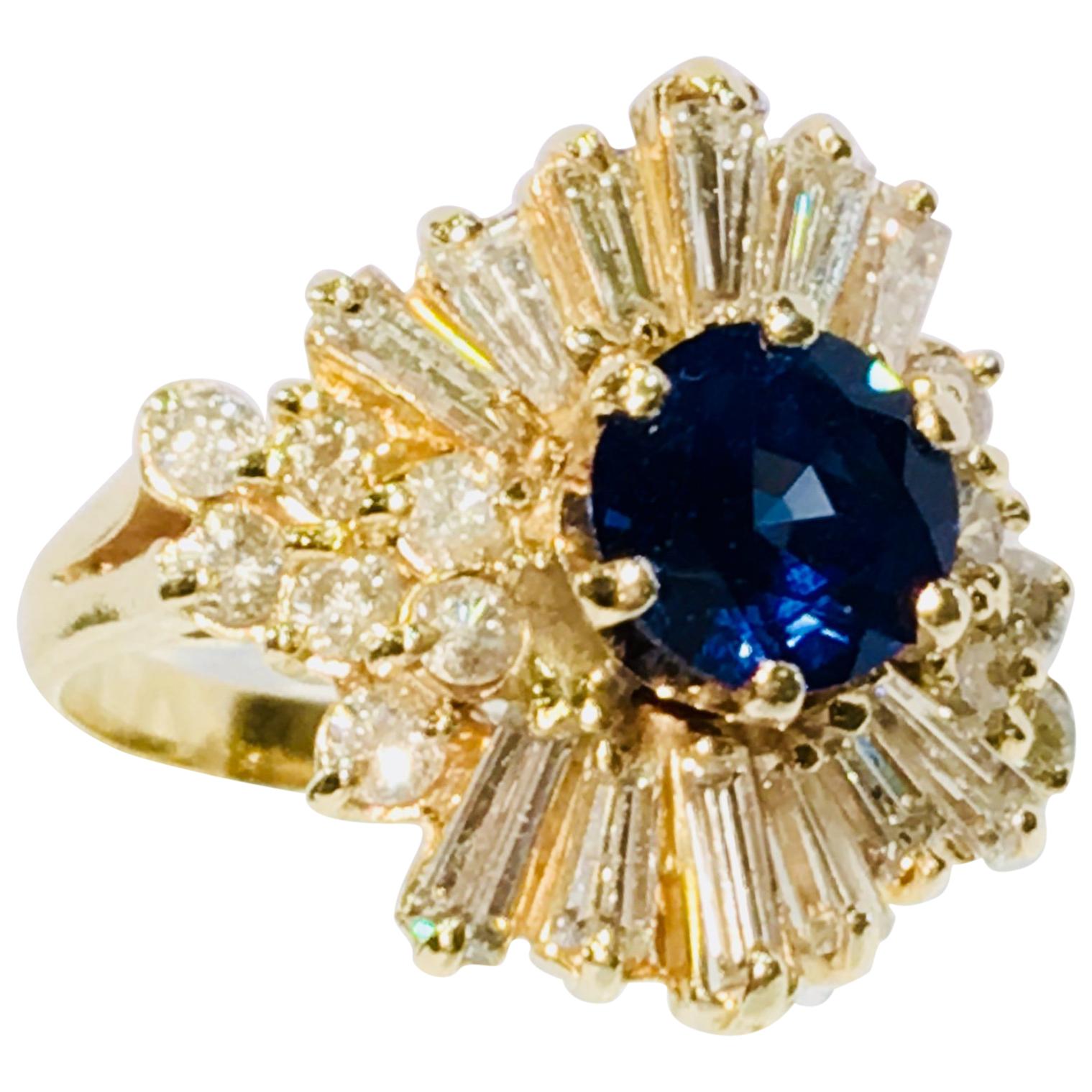Elegant Cornflower Blue Sapphire Diamond Baguette Ballerina Yellow Gold Ring