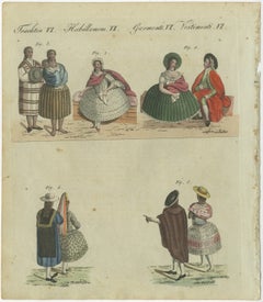 Elegant Costumes of 18th-Century Peru: Hand-Colored Engraving from Bertuch, 1805