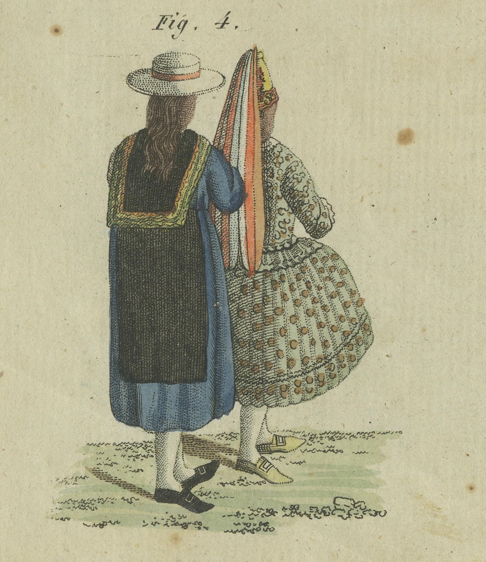 Elegante Kostüme aus Peru des 18. Jahrhunderts: Handkolorierte Gravur von Bertuch, 1805 (Graviert) im Angebot