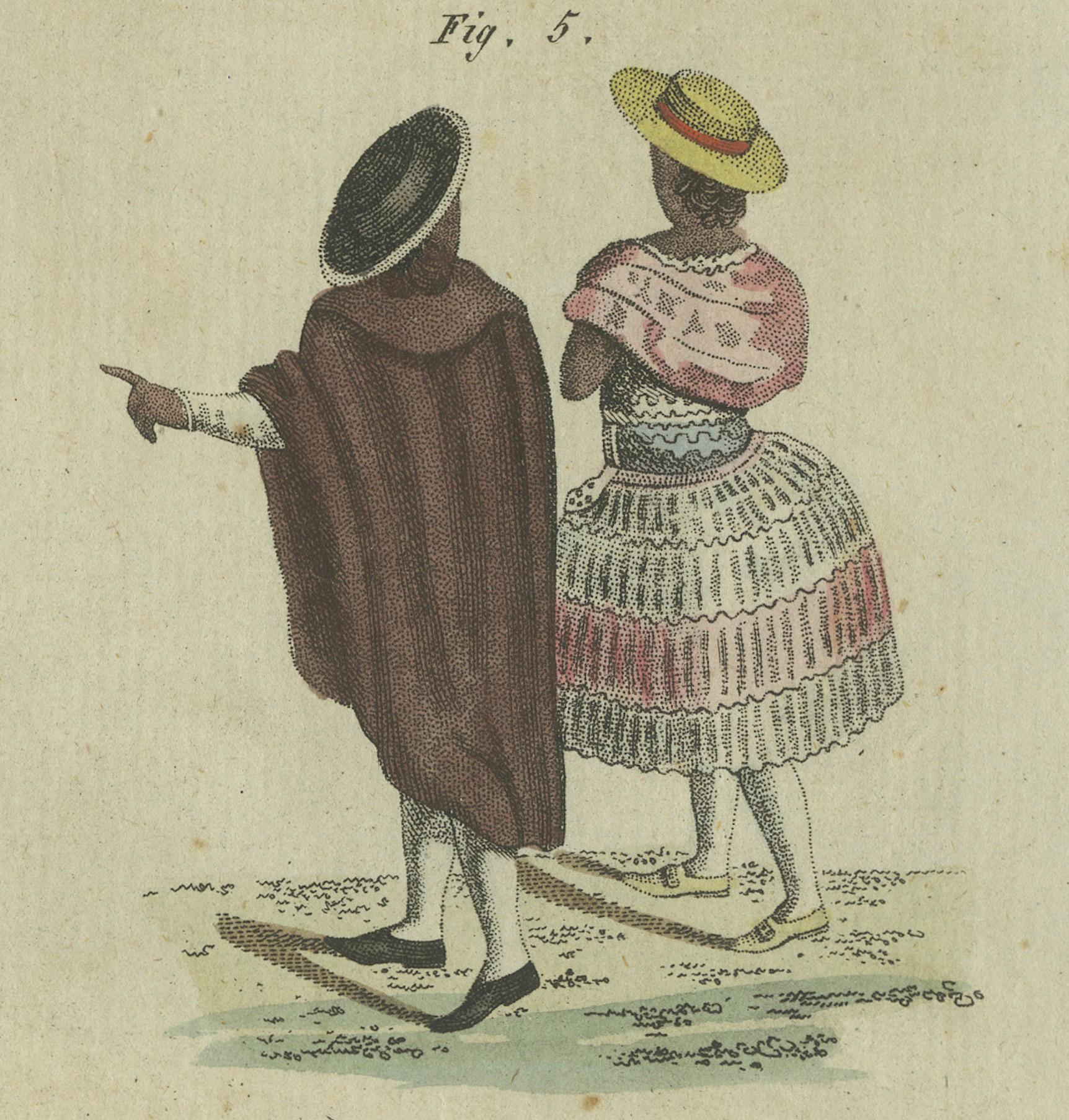 Elegante Kostüme aus Peru des 18. Jahrhunderts: Handkolorierte Gravur von Bertuch, 1805 im Zustand „Gut“ im Angebot in Langweer, NL