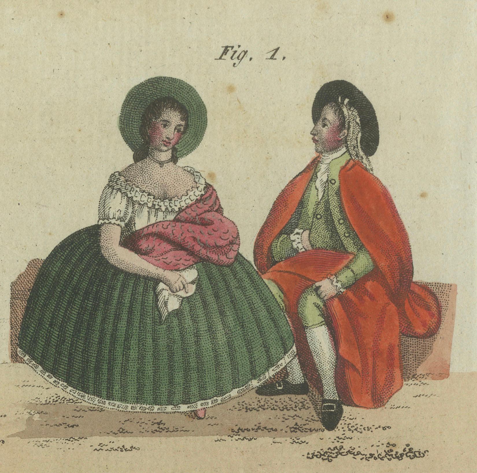 Elegante Kostüme aus Peru des 18. Jahrhunderts: Handkolorierte Gravur von Bertuch, 1805 (Frühes 19. Jahrhundert) im Angebot