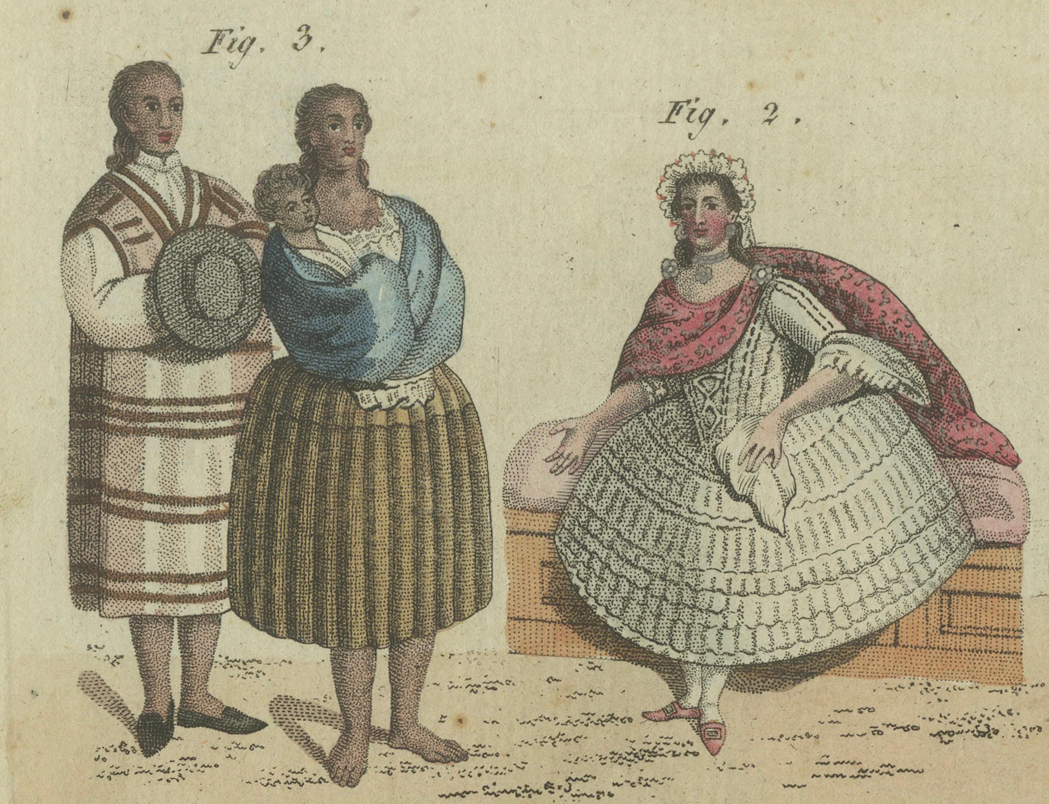 Elegante Kostüme aus Peru des 18. Jahrhunderts: Handkolorierte Gravur von Bertuch, 1805 (Papier) im Angebot