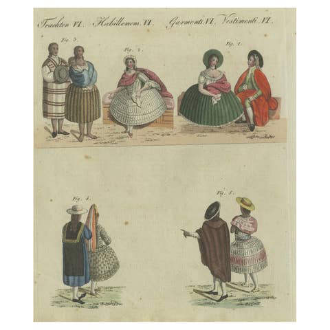 Elegant Costumes of 18th-Century Peru: Hand-Colored Engraving from Bertuch, 1805
