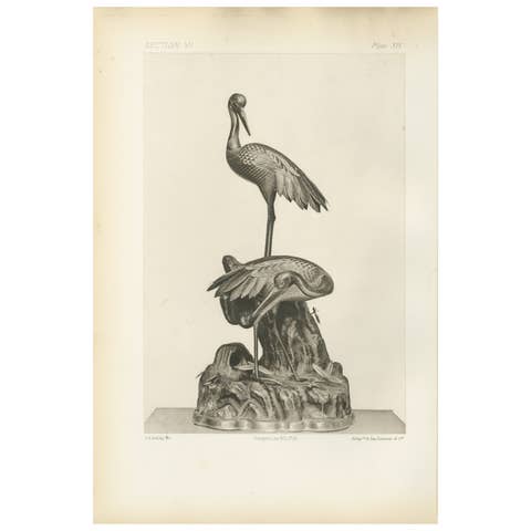 Elegant Cranes on Ornamental Base – Heliographic Japanese Art by Audsley, 1884