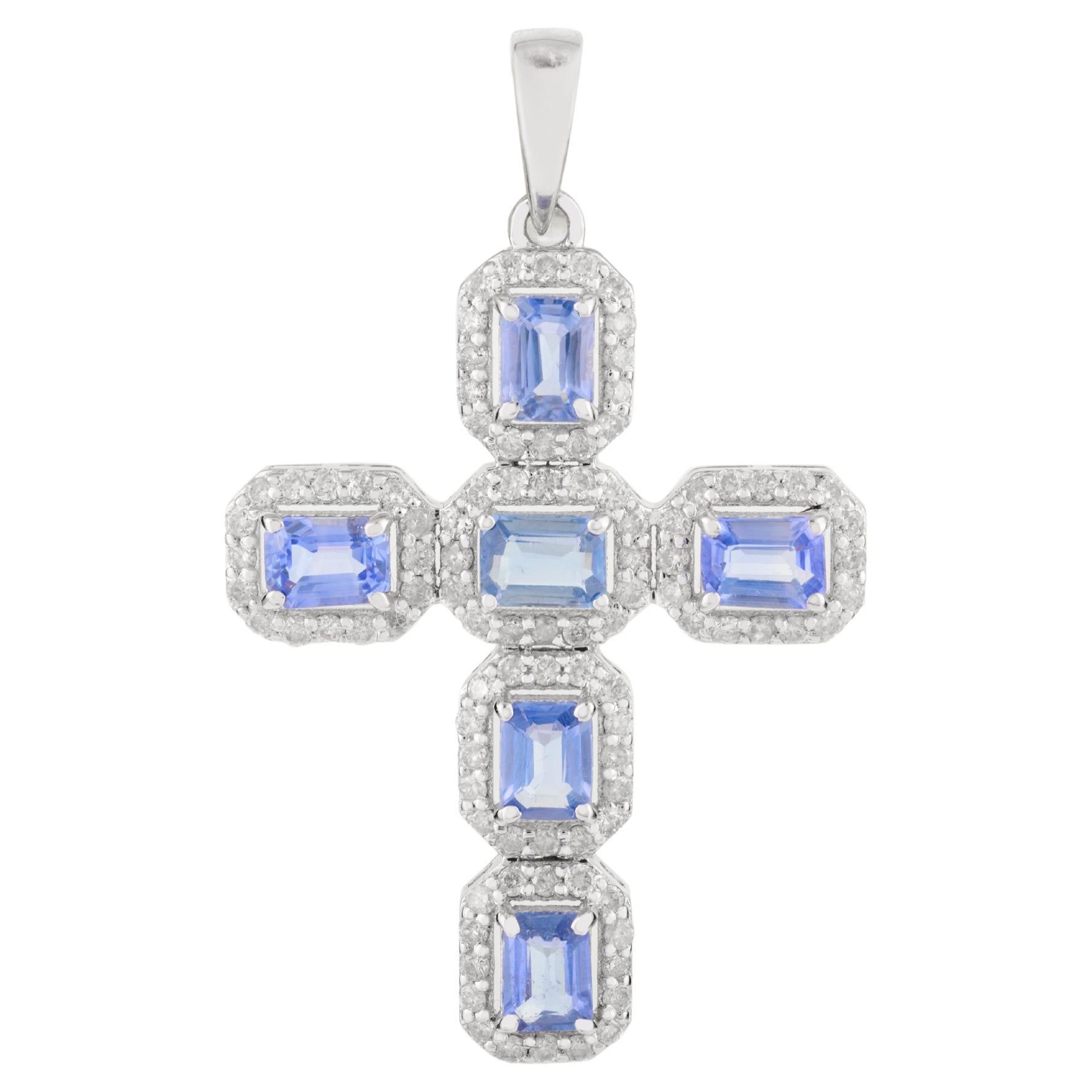 Elegant Cross Pendant in 14K White Gold with Blue Sapphires and Diamond Halo