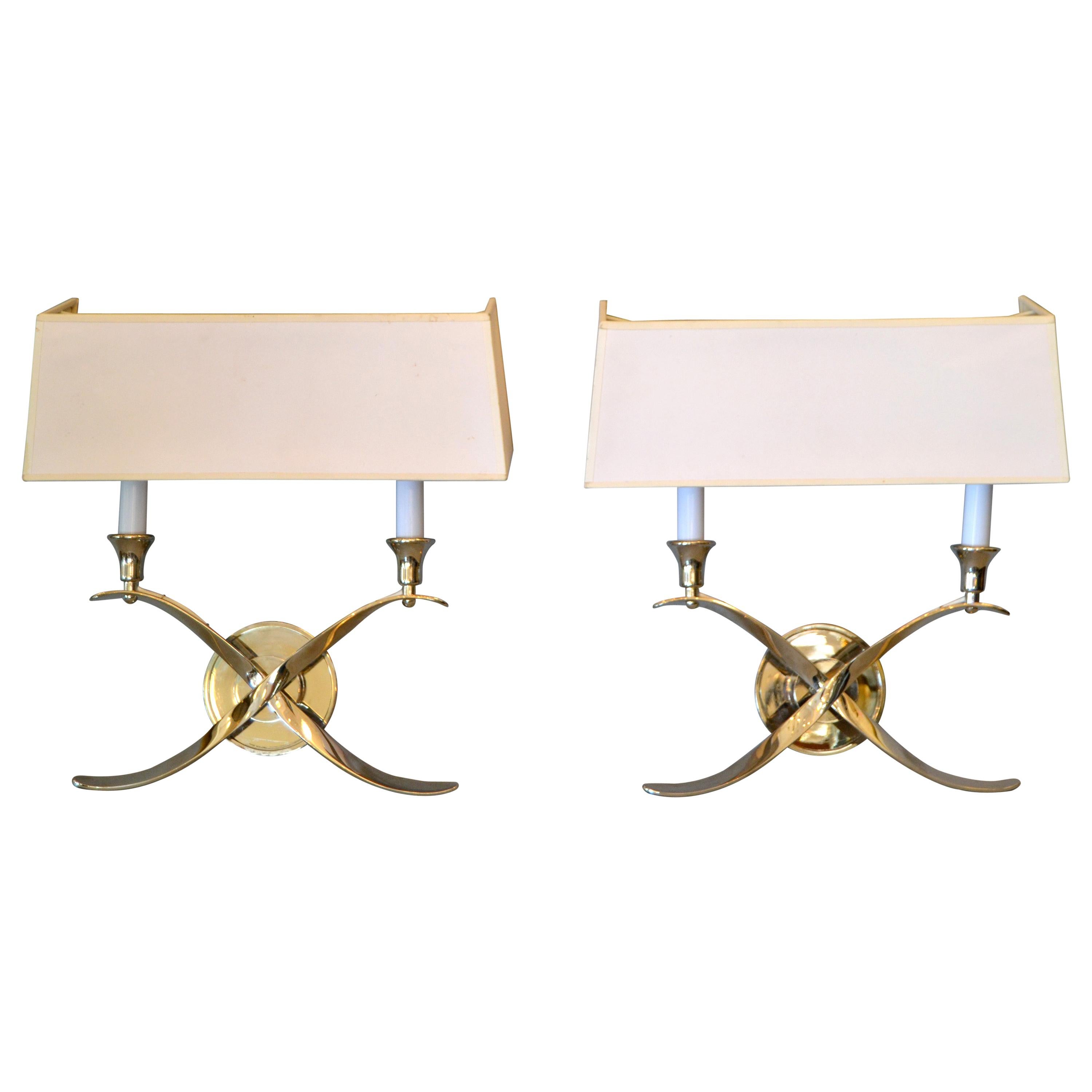 Elegant Crossed Scrollwork Stainless Steel Double Sconces and Paper Shades, Pair