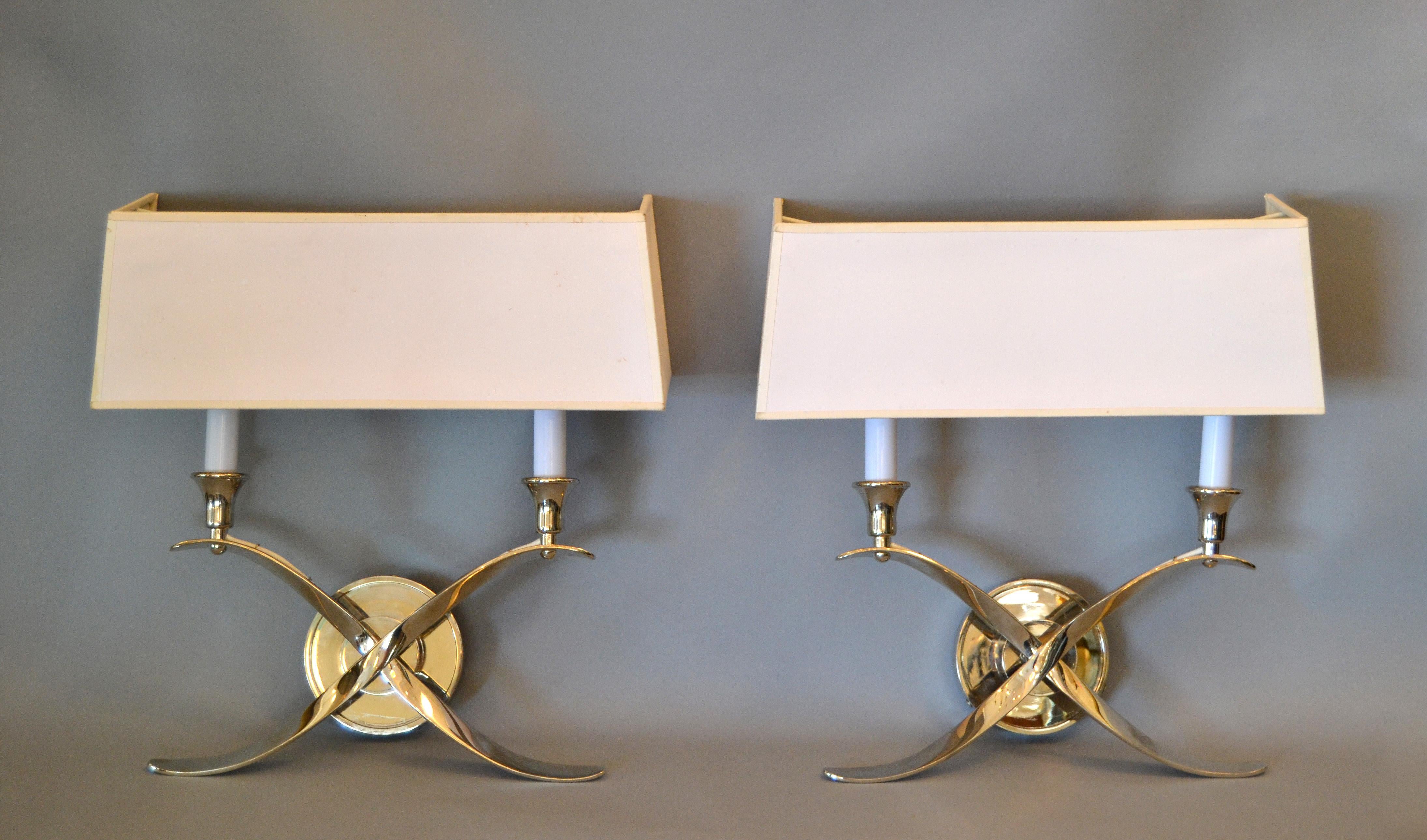 Elegant Crossed Scrollwork Stainless Steel Double Sconces and Paper Shades, Pair 4