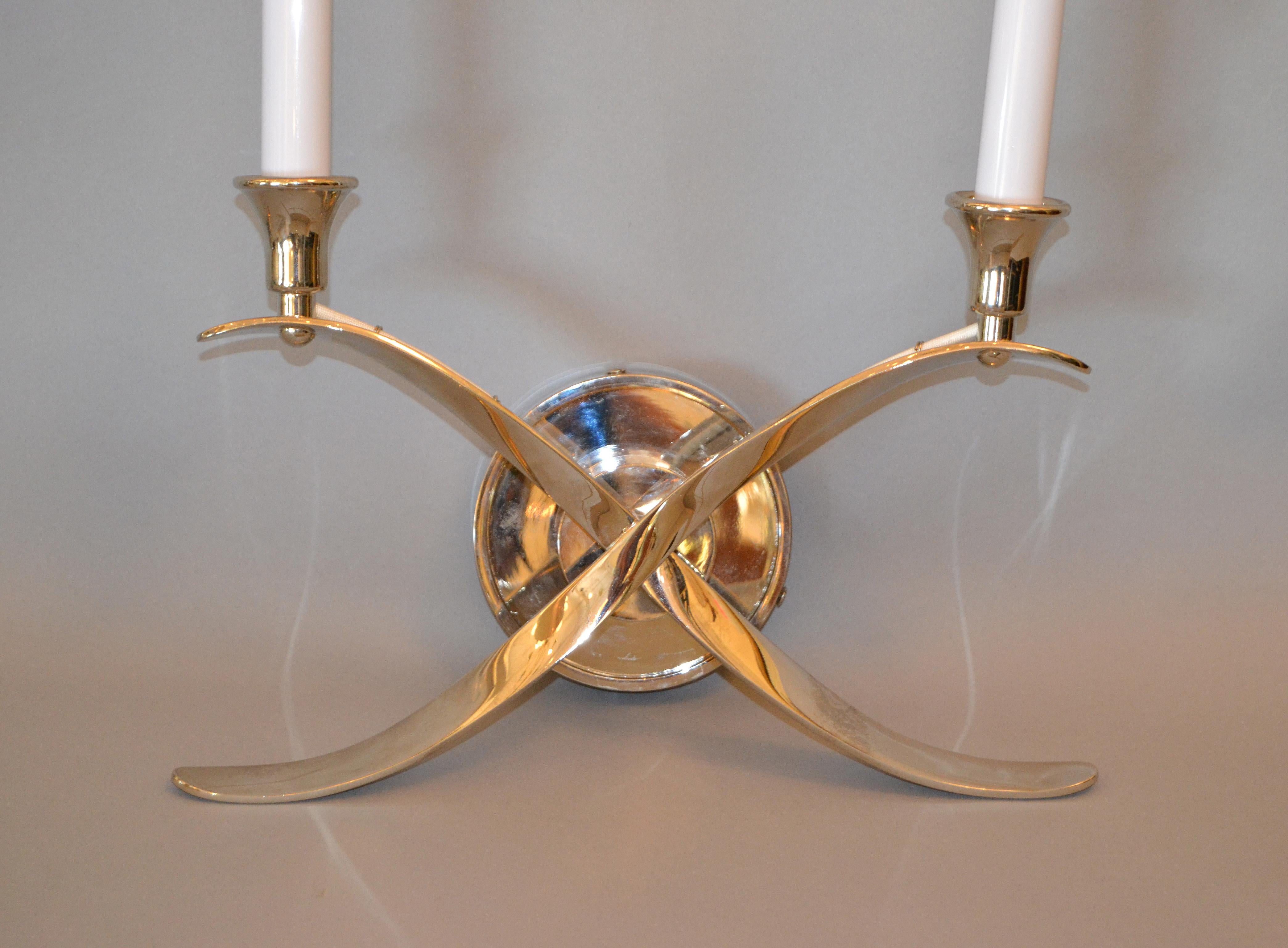 Elegant Crossed Scrollwork Stainless Steel Double Sconces and Paper Shades, Pair (Moderne)