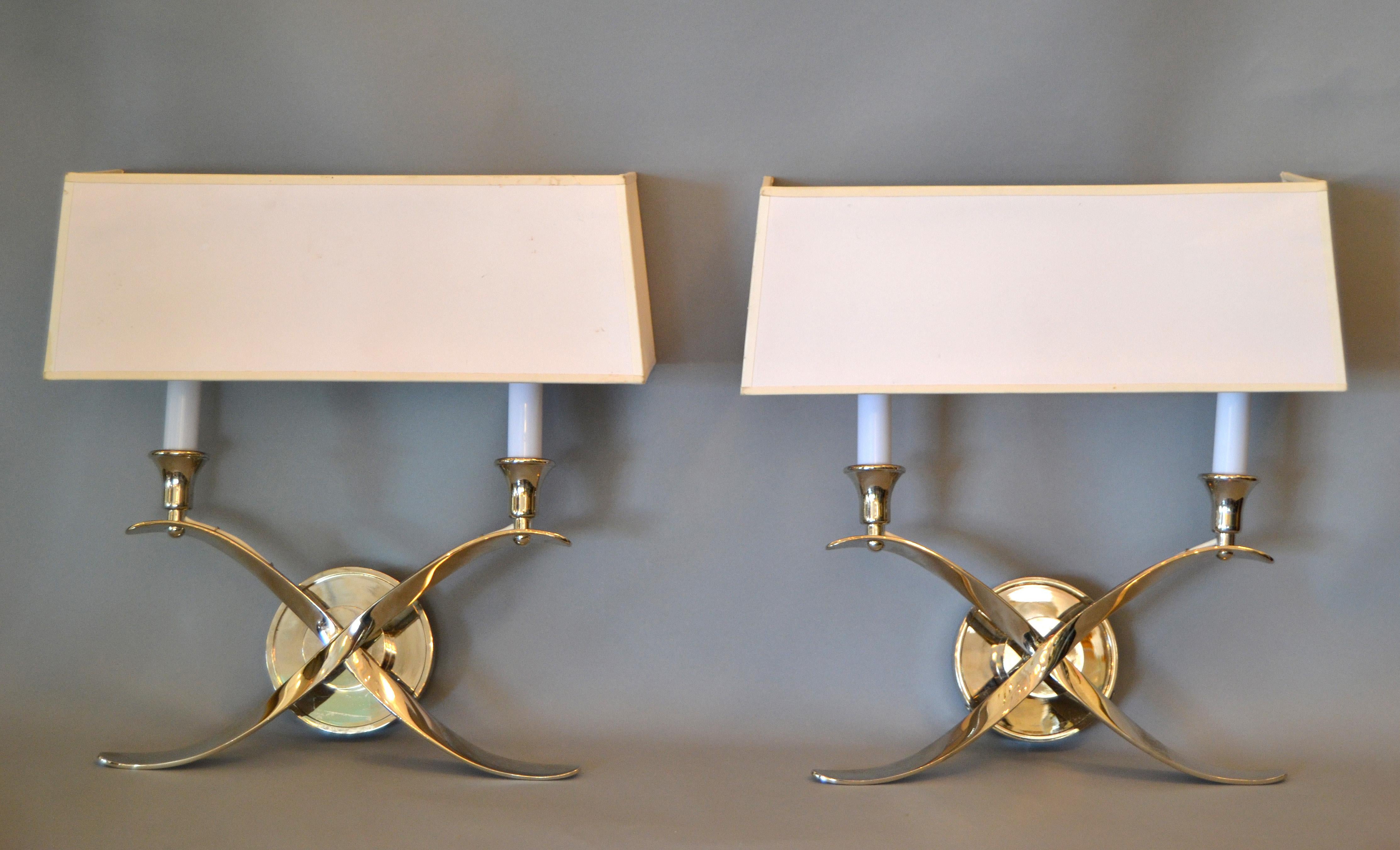 Elegant Crossed Scrollwork Stainless Steel Double Sconces and Paper Shades, Pair im Zustand „Gut“ in Miami, FL