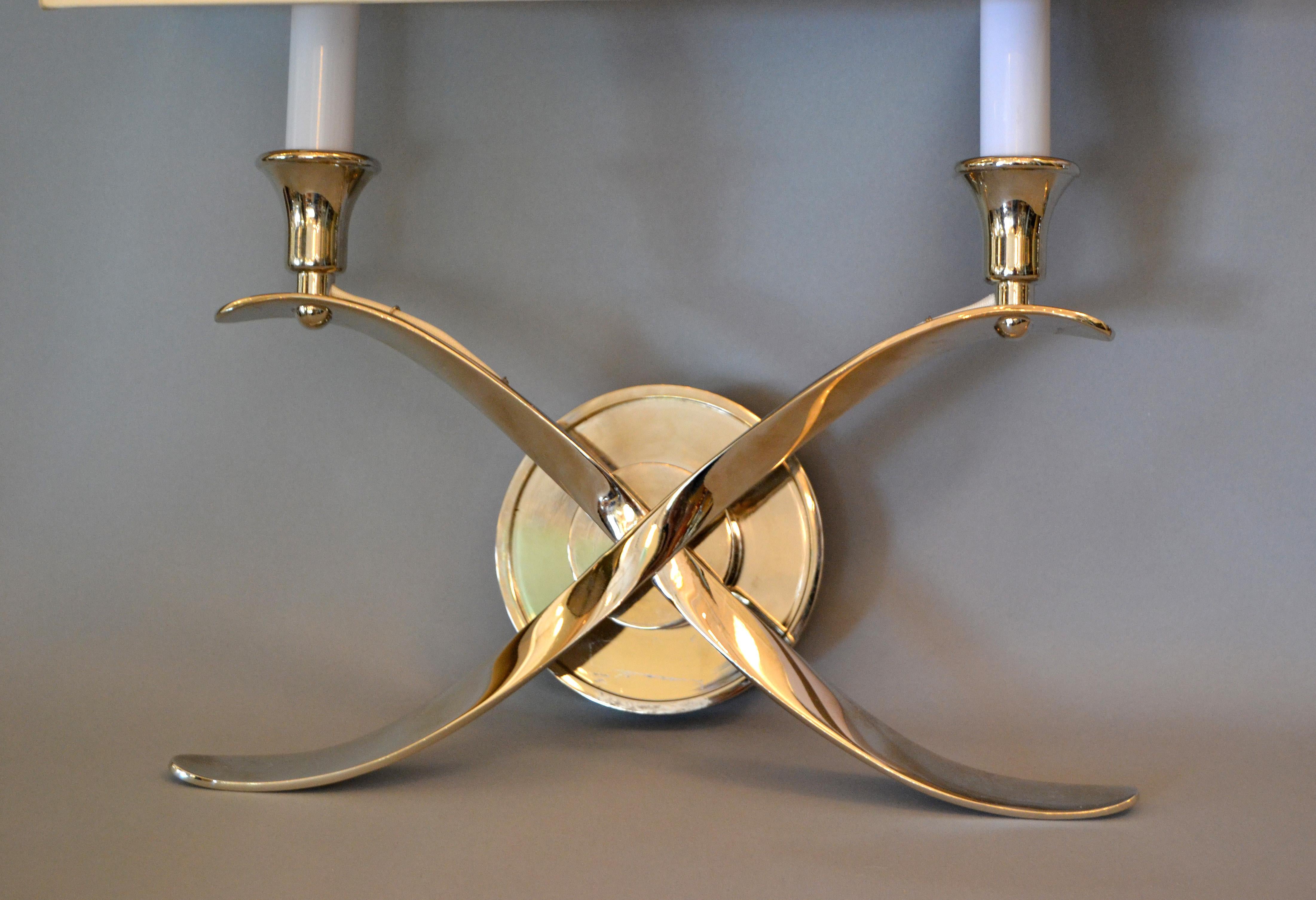 Elegant Crossed Scrollwork Stainless Steel Double Sconces and Paper Shades, Pair (20. Jahrhundert)