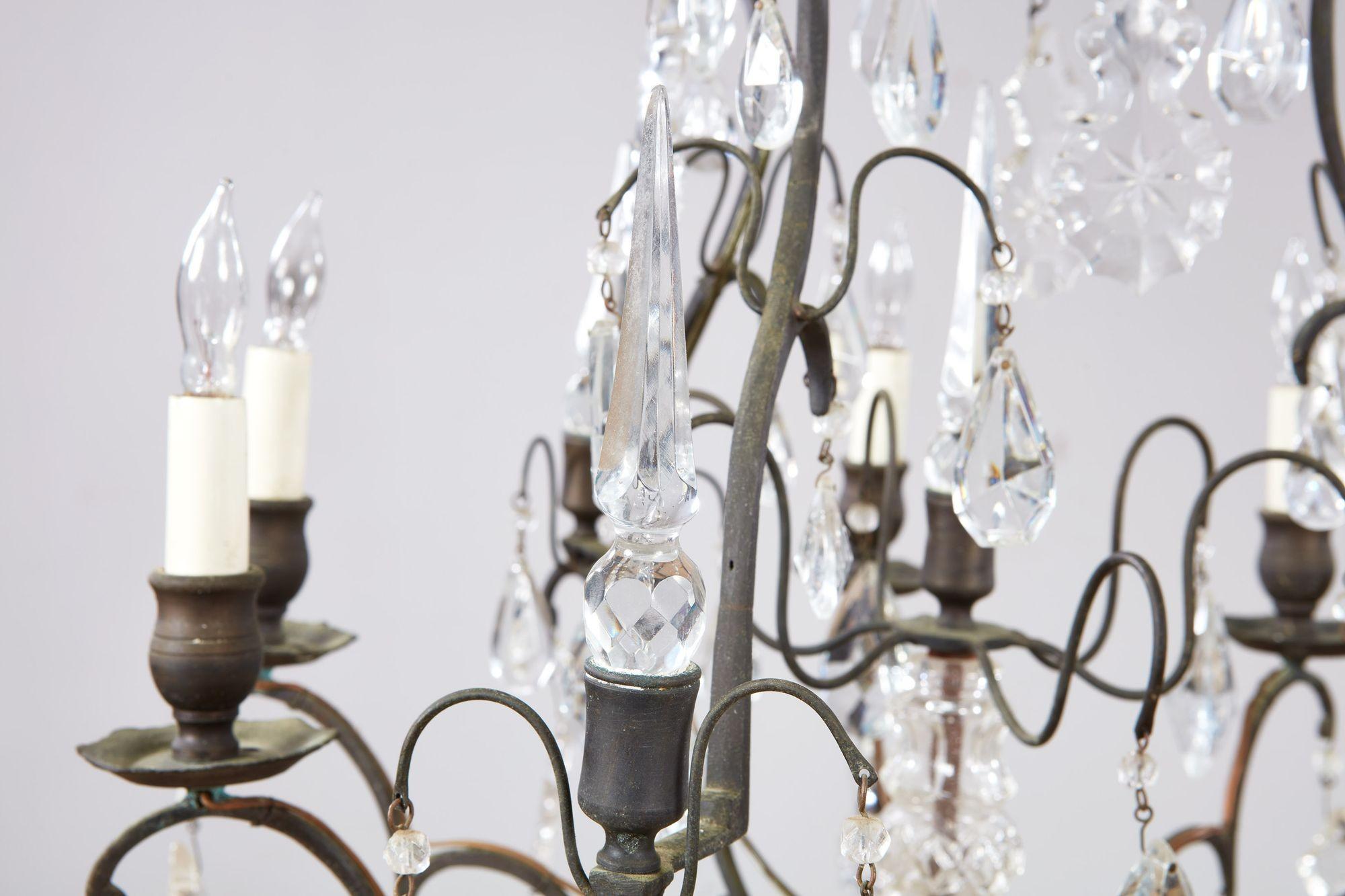 Elegant Crystal and Bronze Chandelier In Good Condition For Sale In Greenwich, CT