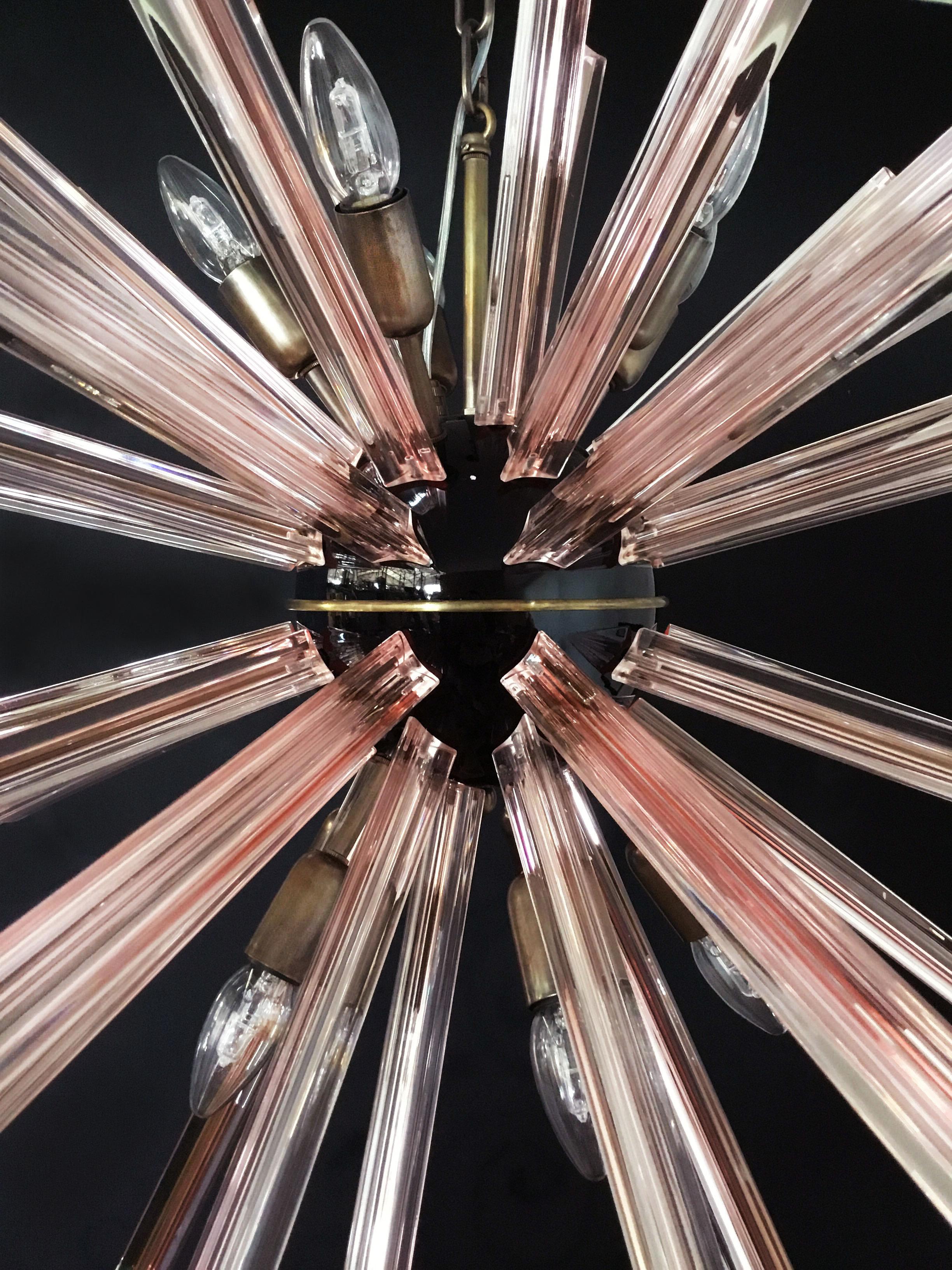 Mid-Century Modern Elegant Crystal Prism Sputnik Chandeliers, 50 Pink Prisms For Sale