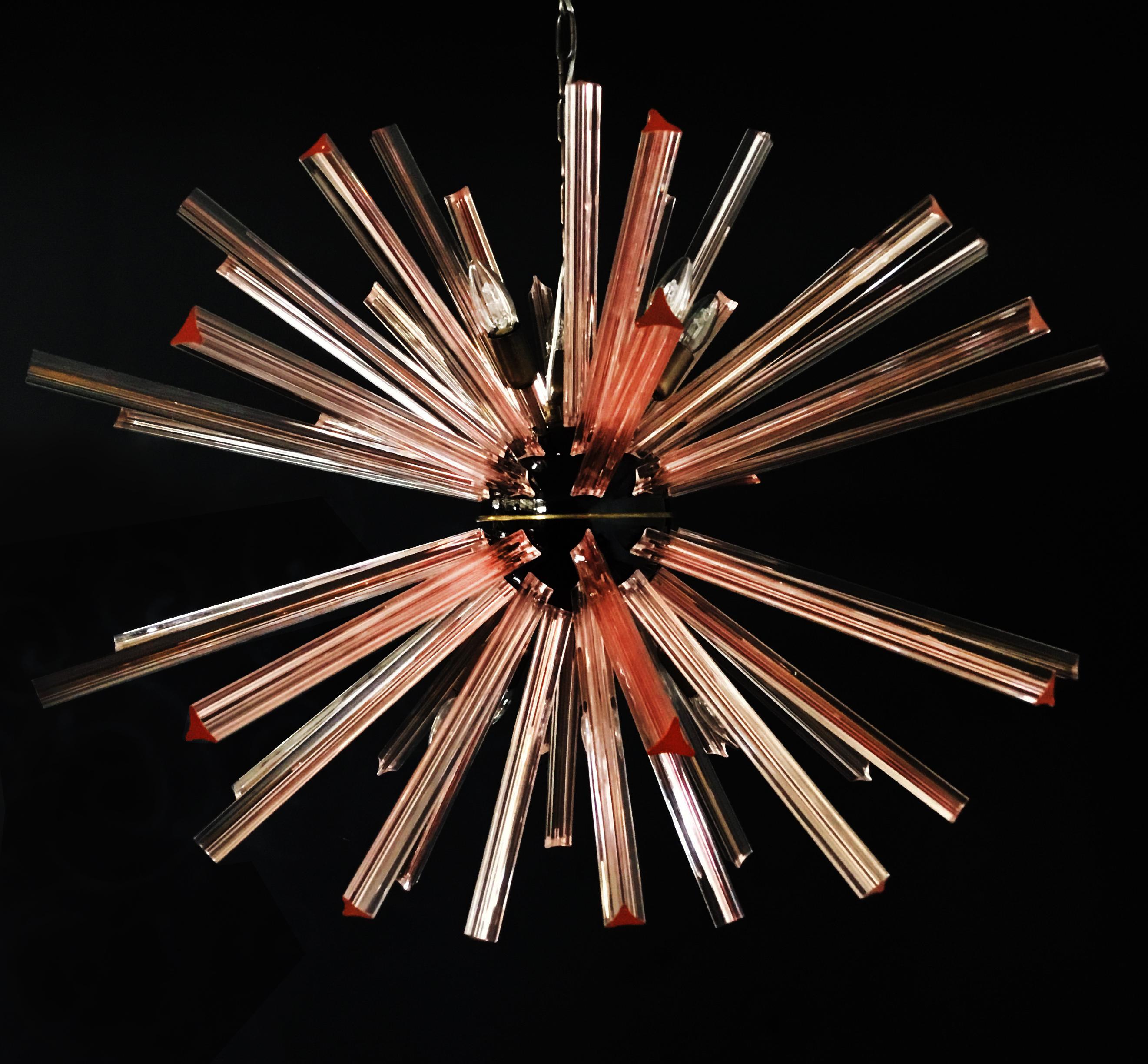 20th Century Elegant Crystal Prism Sputnik Chandeliers, 50 Pink Prisms For Sale