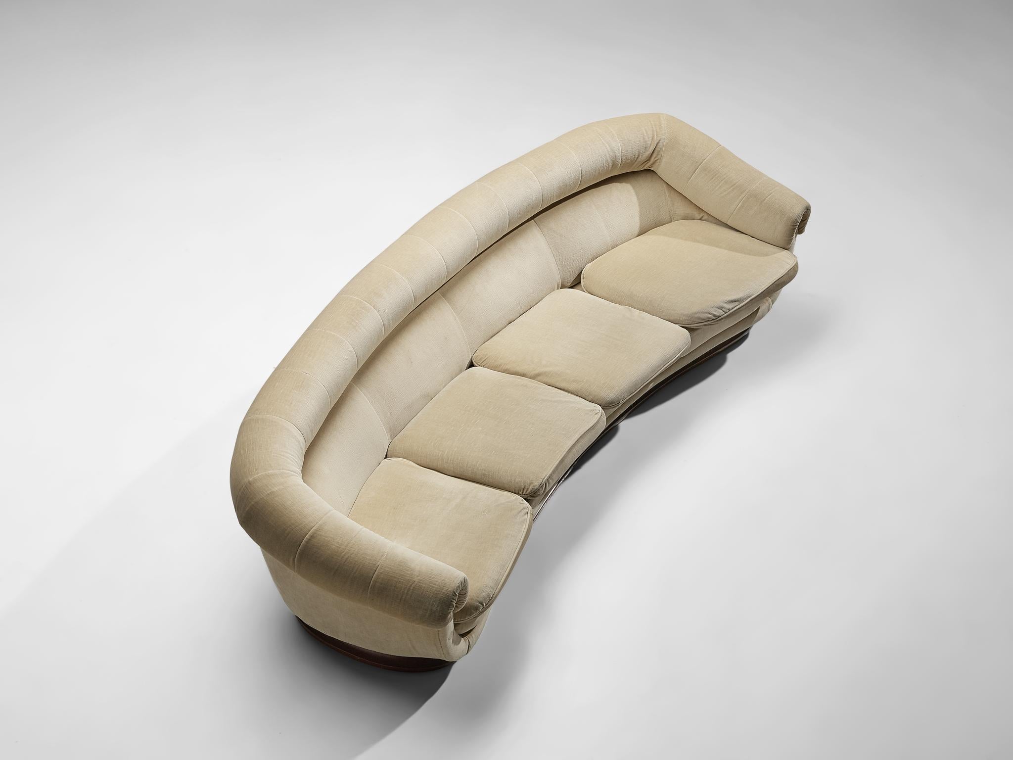 Mid-Century Modern Italian Art Deco Sofa with Curved Shape in Beige Velvet For Sale