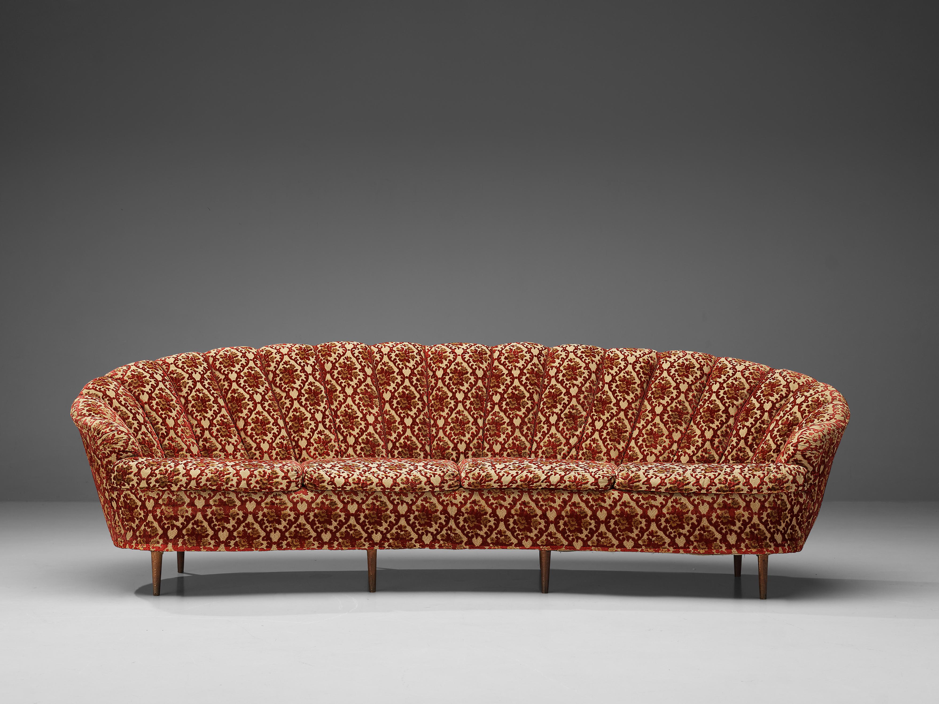 Mid-Century Modern Elegant Curved Four-Seat Sofa in Floral Upholstery For Sale