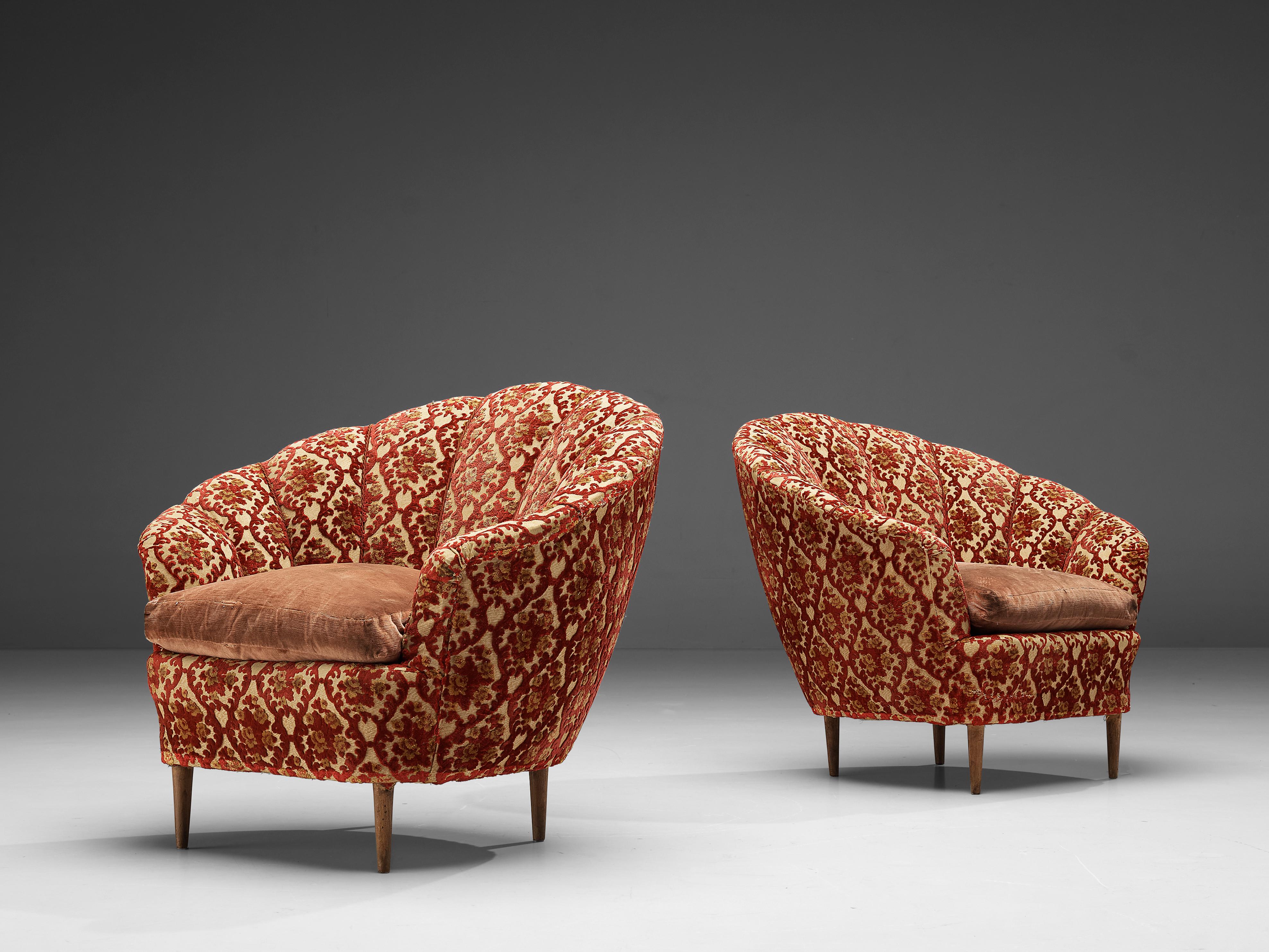 Italian Elegant Curved Club Chairs in Floral Upholstery