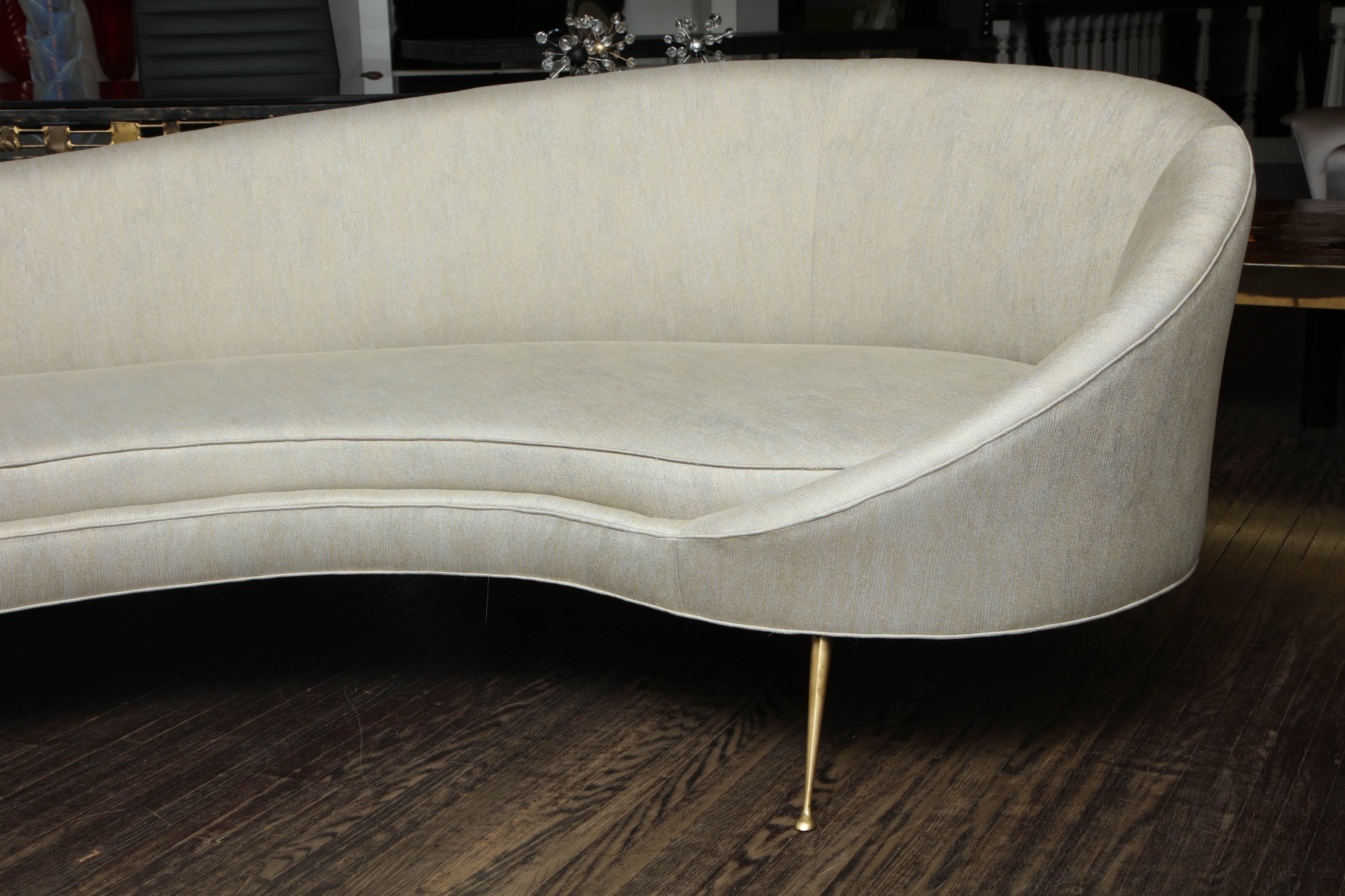Mid-Century Modern Elegant Curved Sofa in Custom Upholstery with Brass Legs For Sale