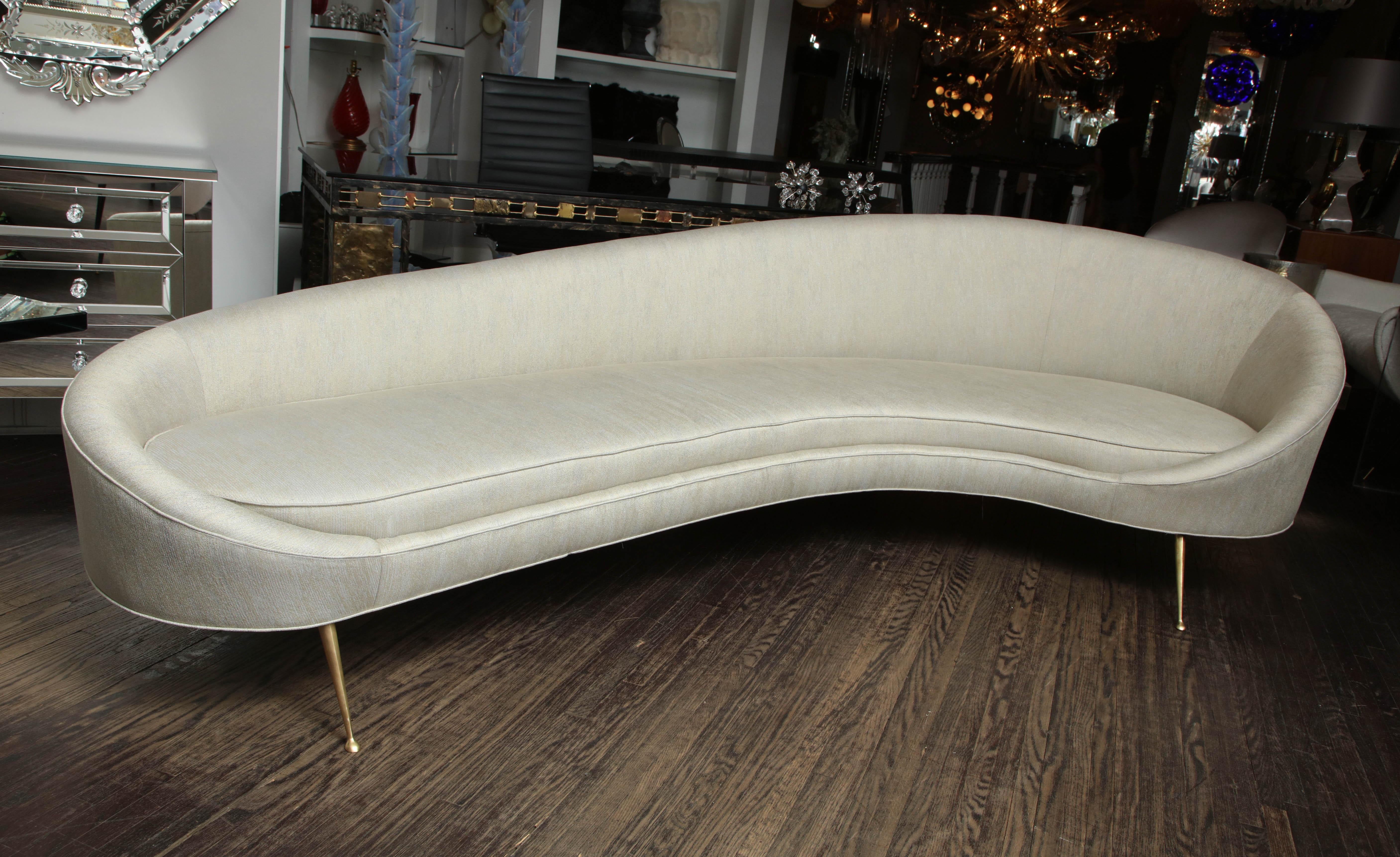 American Elegant Curved Sofa in Custom Upholstery with Brass Legs For Sale