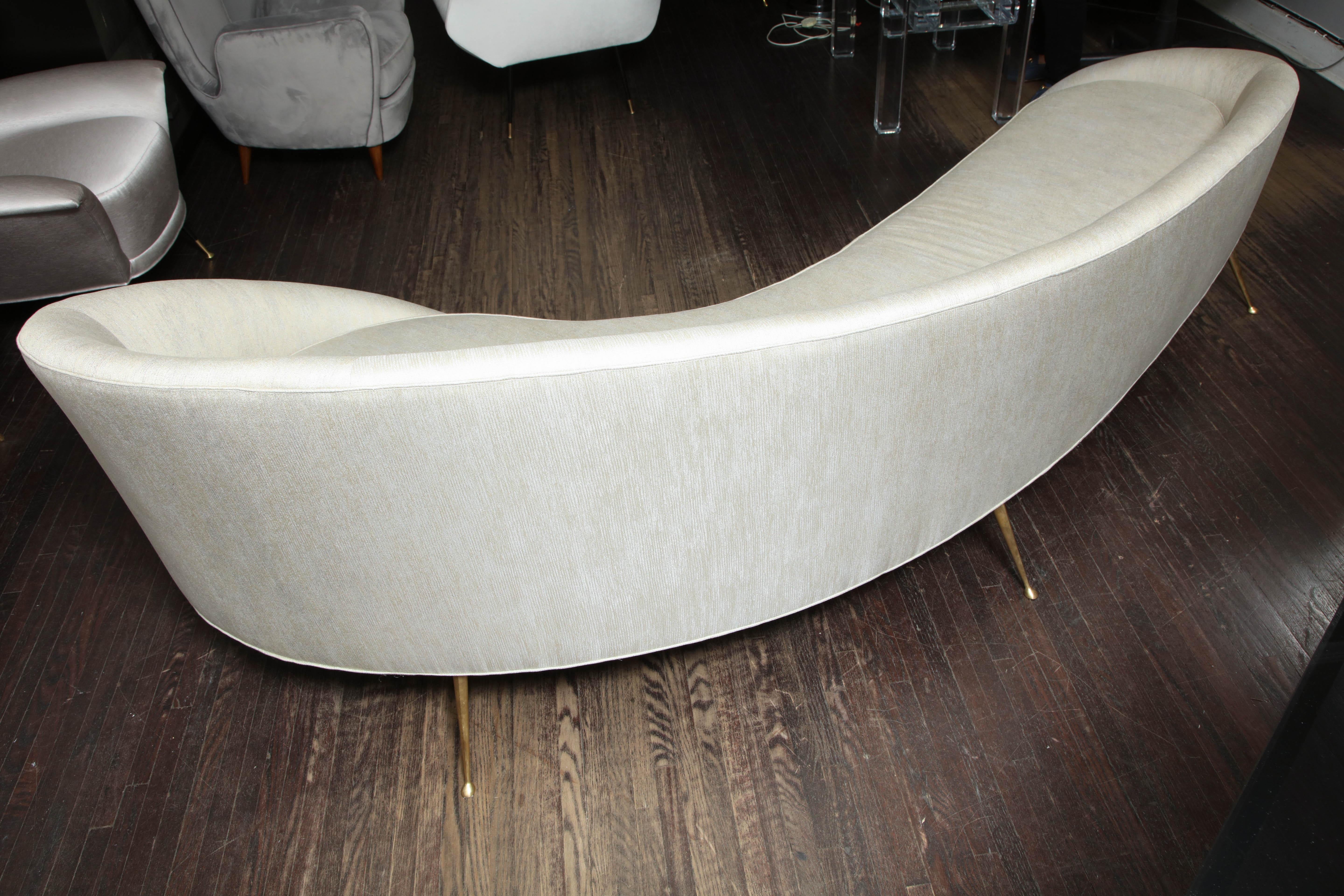 Elegant Curved Sofa in Custom Upholstery with Brass Legs For Sale 2