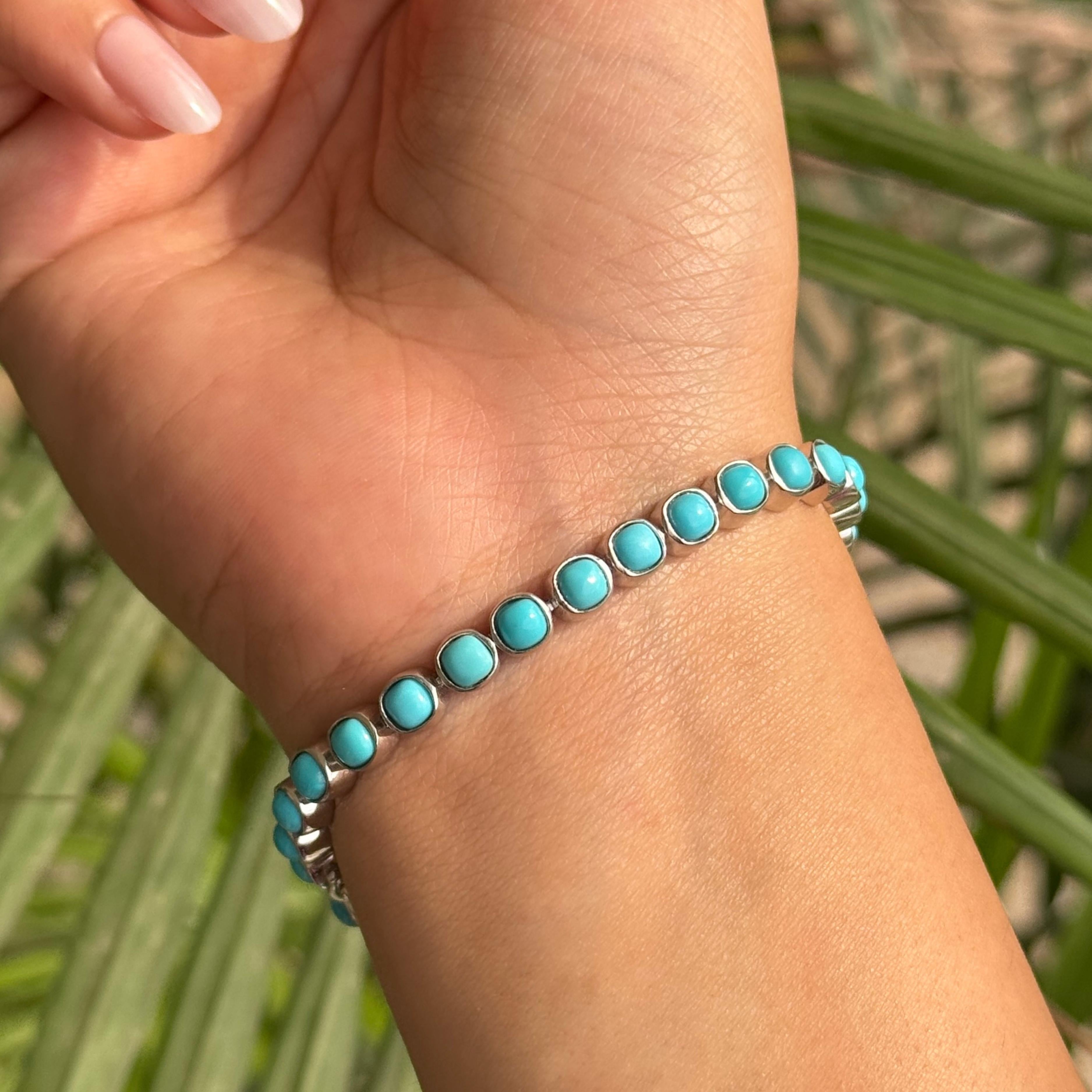 Cabochon di turchese tagliato a cuscino Bracciale da tennis unisex in argento 925 in vendita 4