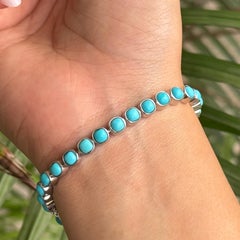 Elegant Cushion Cut Turquoise Bezel Set Tennis Bracelet in 925 Silver For Women