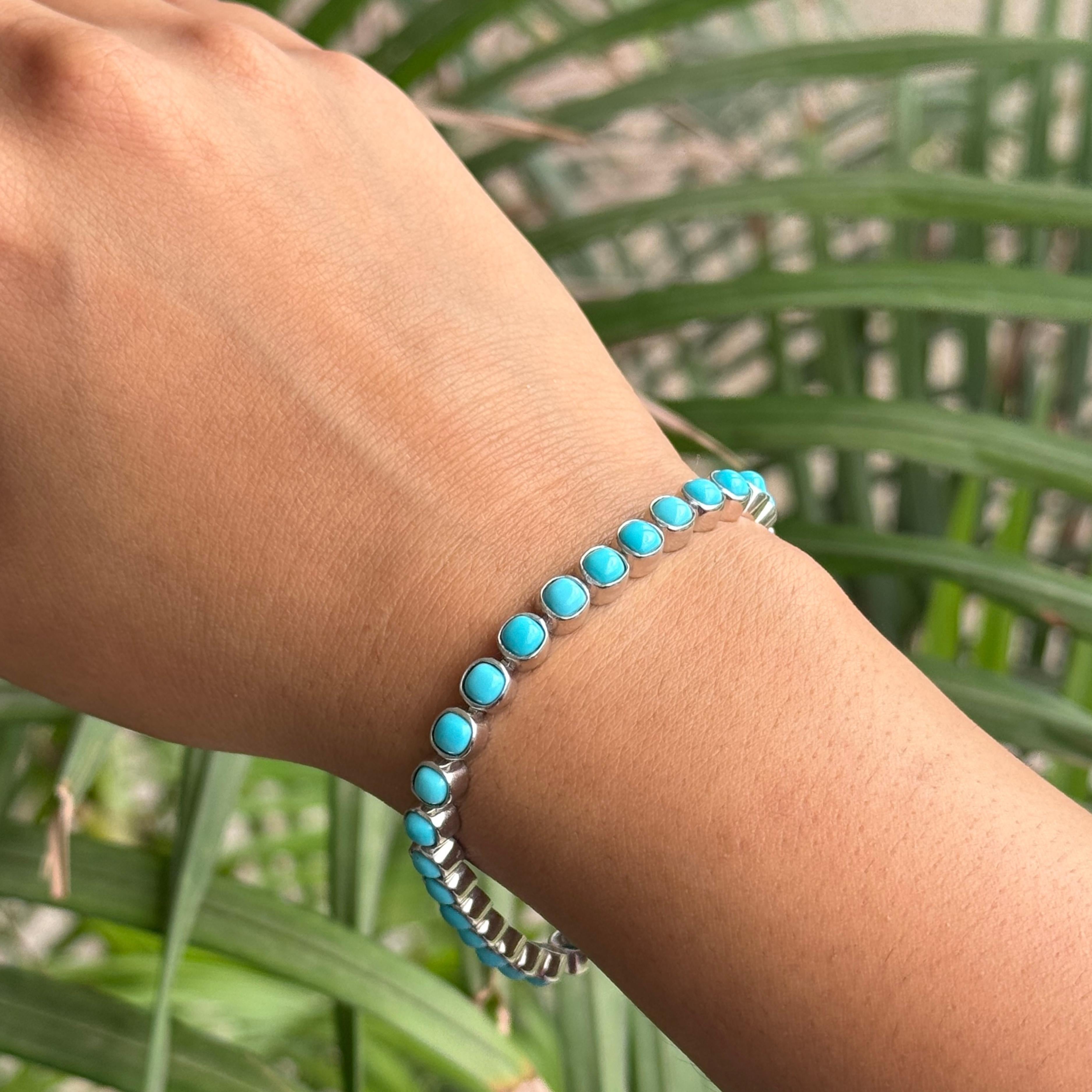 Cabochon di turchese tagliato a cuscino Bracciale da tennis unisex in argento 925 in vendita 2