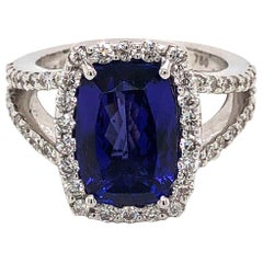 Elegant Cushion Tanzanite 4.98 Carat Diamond 18 Karat White Gold Ring