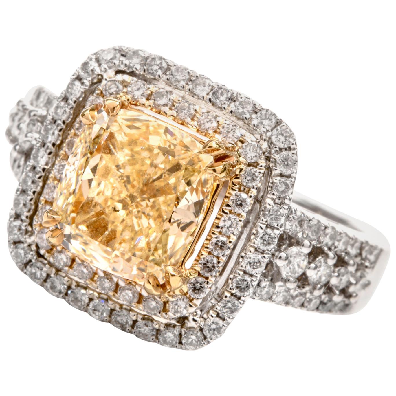 Elegant Cushion Yellow Diamond Double Halo 18 Karat Engagement Ring