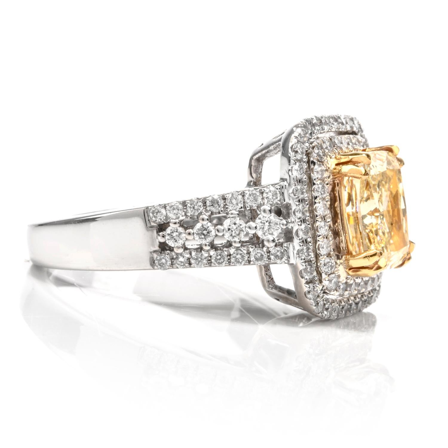 Art Deco Elegant Cushion Yellow Diamond Double Halo 18 Karat Engagement Ring