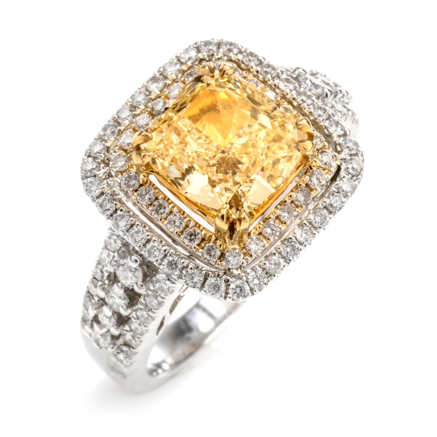 Elegant Cushion Yellow Diamond Double Halo 18 Karat Engagement Ring In Excellent Condition In Miami, FL