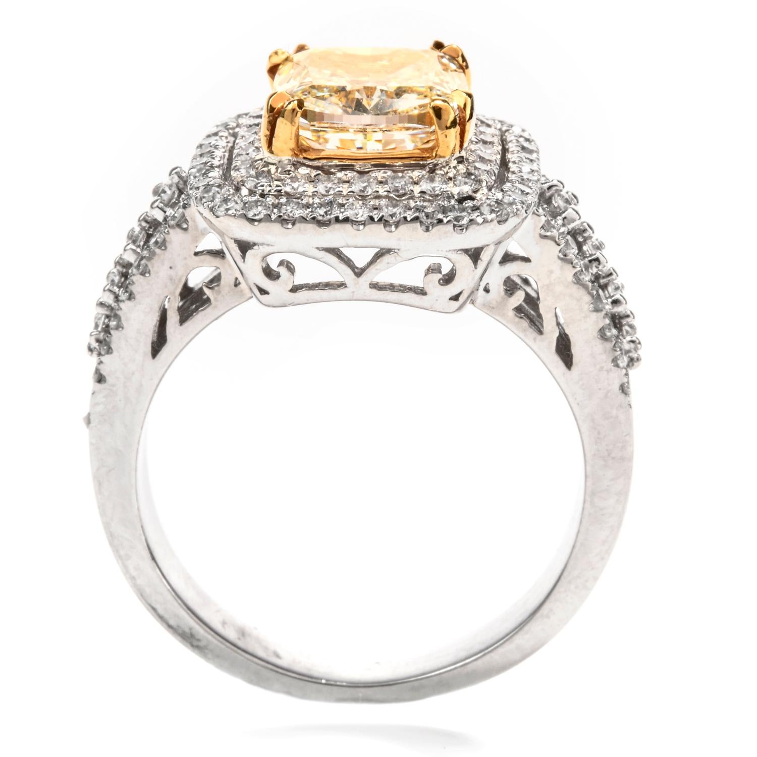 Women's or Men's Elegant Cushion Yellow Diamond Double Halo 18 Karat Engagement Ring