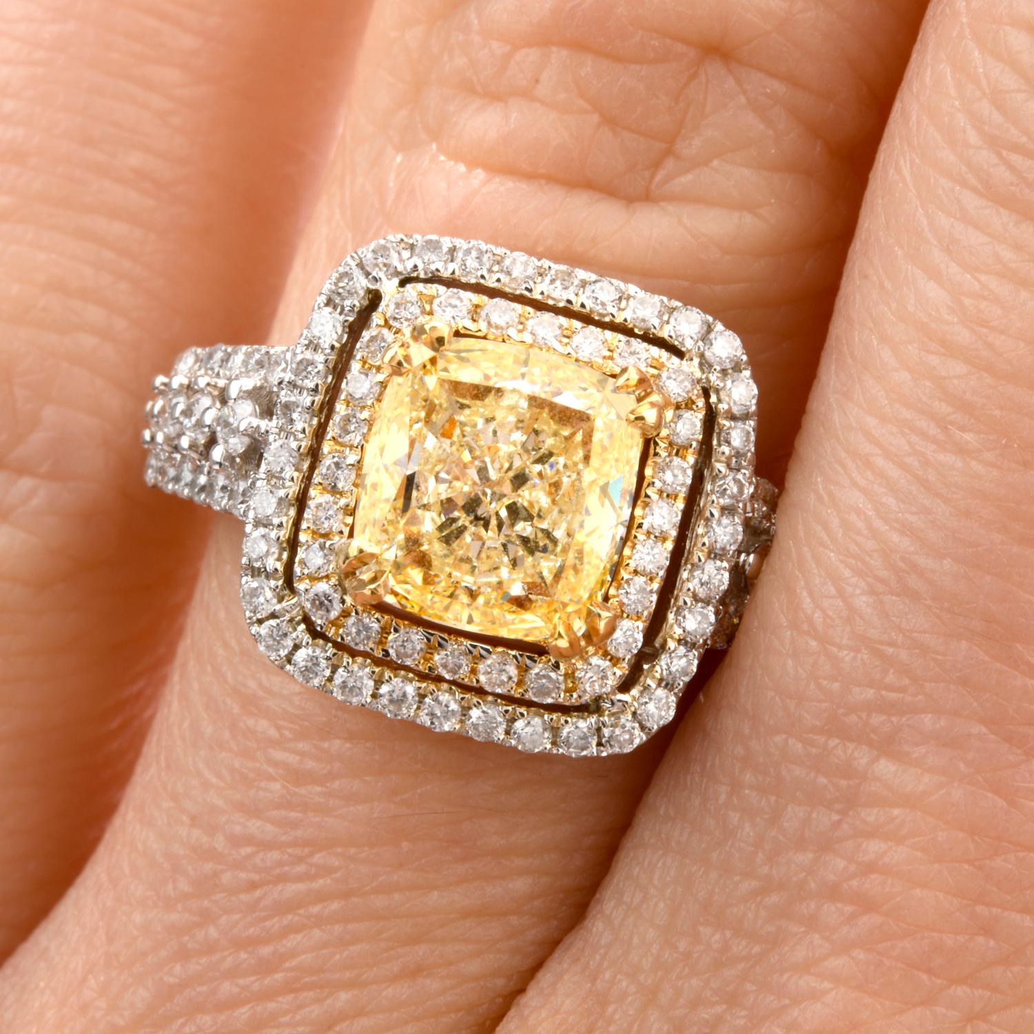 Elegant Cushion Yellow Diamond Double Halo 18 Karat Engagement Ring 1