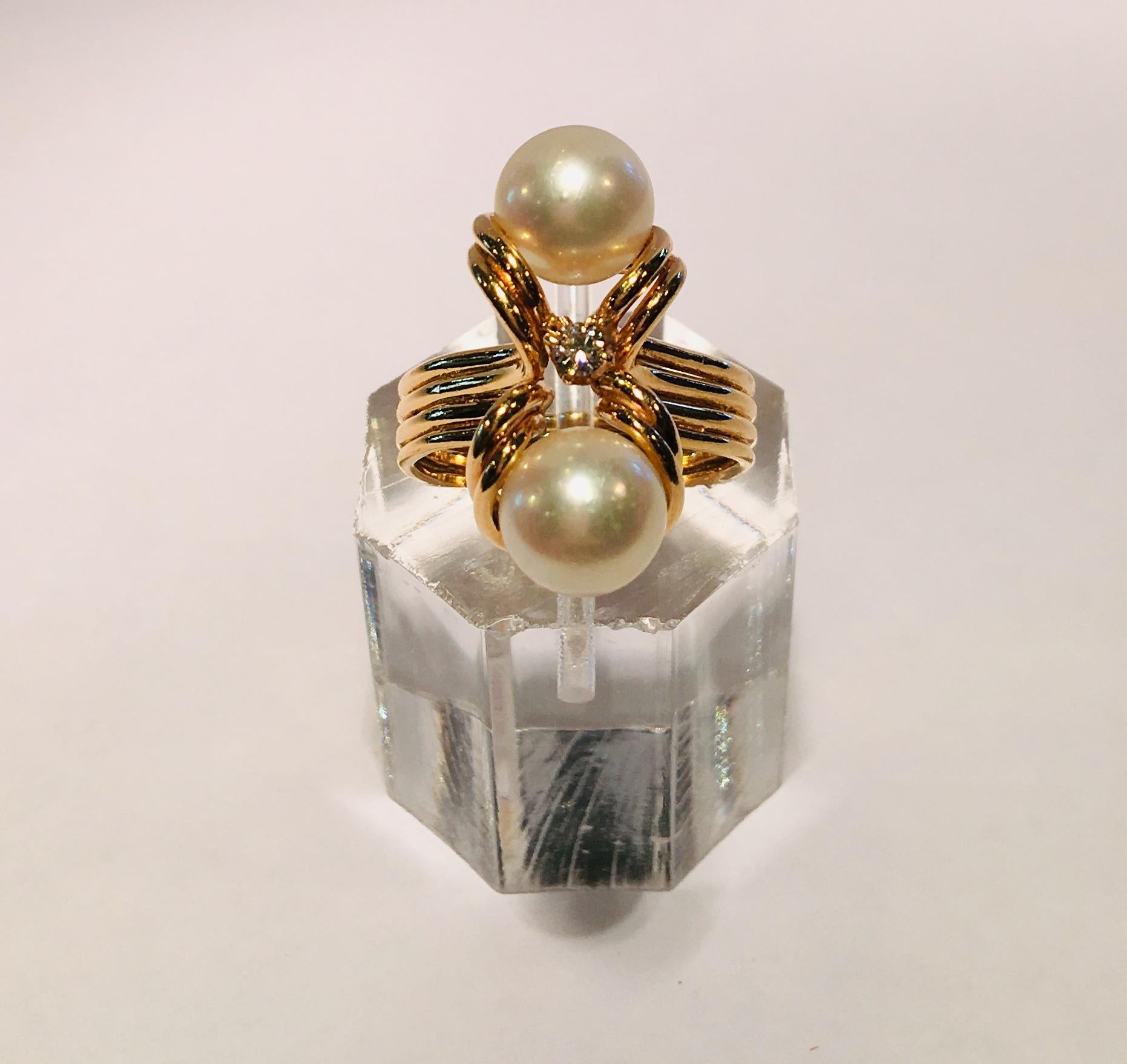 Elegant Custom 18 Karat Yellow Gold Double White Pearls and Diamond 