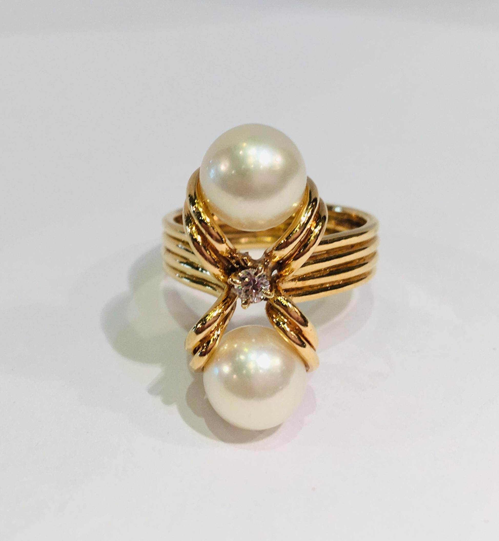 Artisan Elegant Custom 18 Karat Yellow Gold Double White Pearls and Diamond 